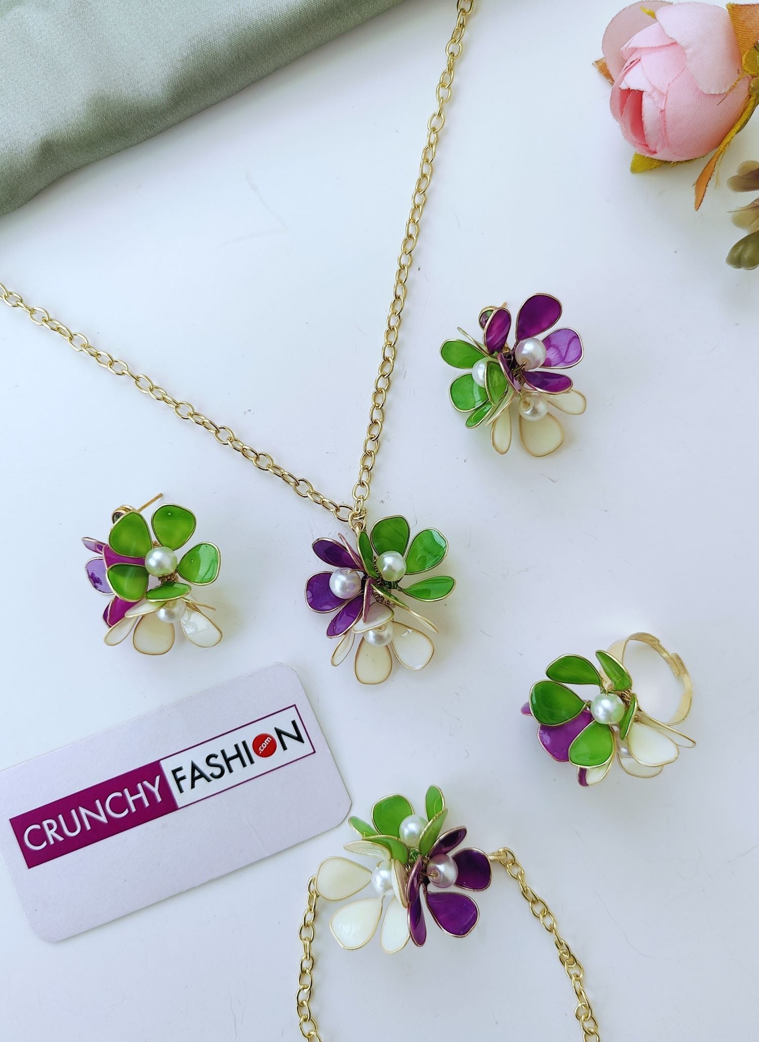 Handmade Purple Green Floral Resin Necklace