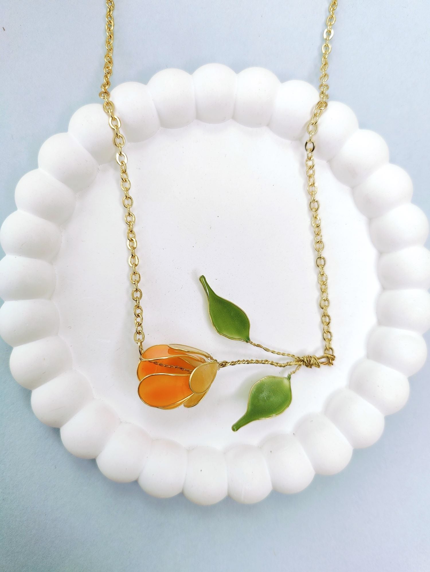 Handmade Resin Necklace Tulip Set in Orange Green