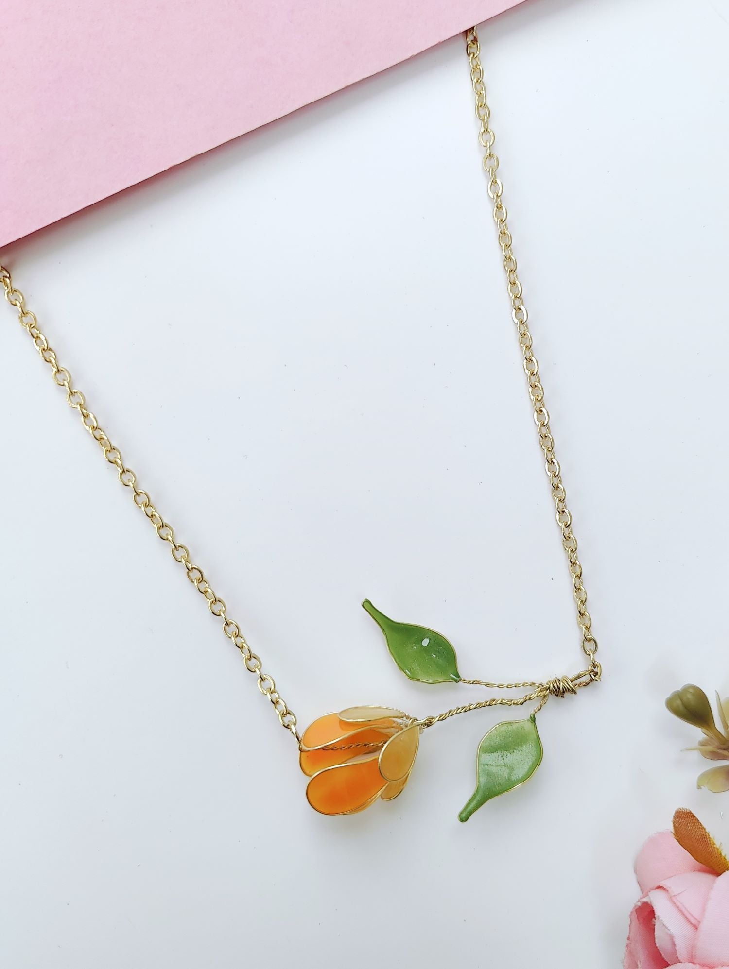 Handmade Resin Necklace Tulip Set in Orange Green