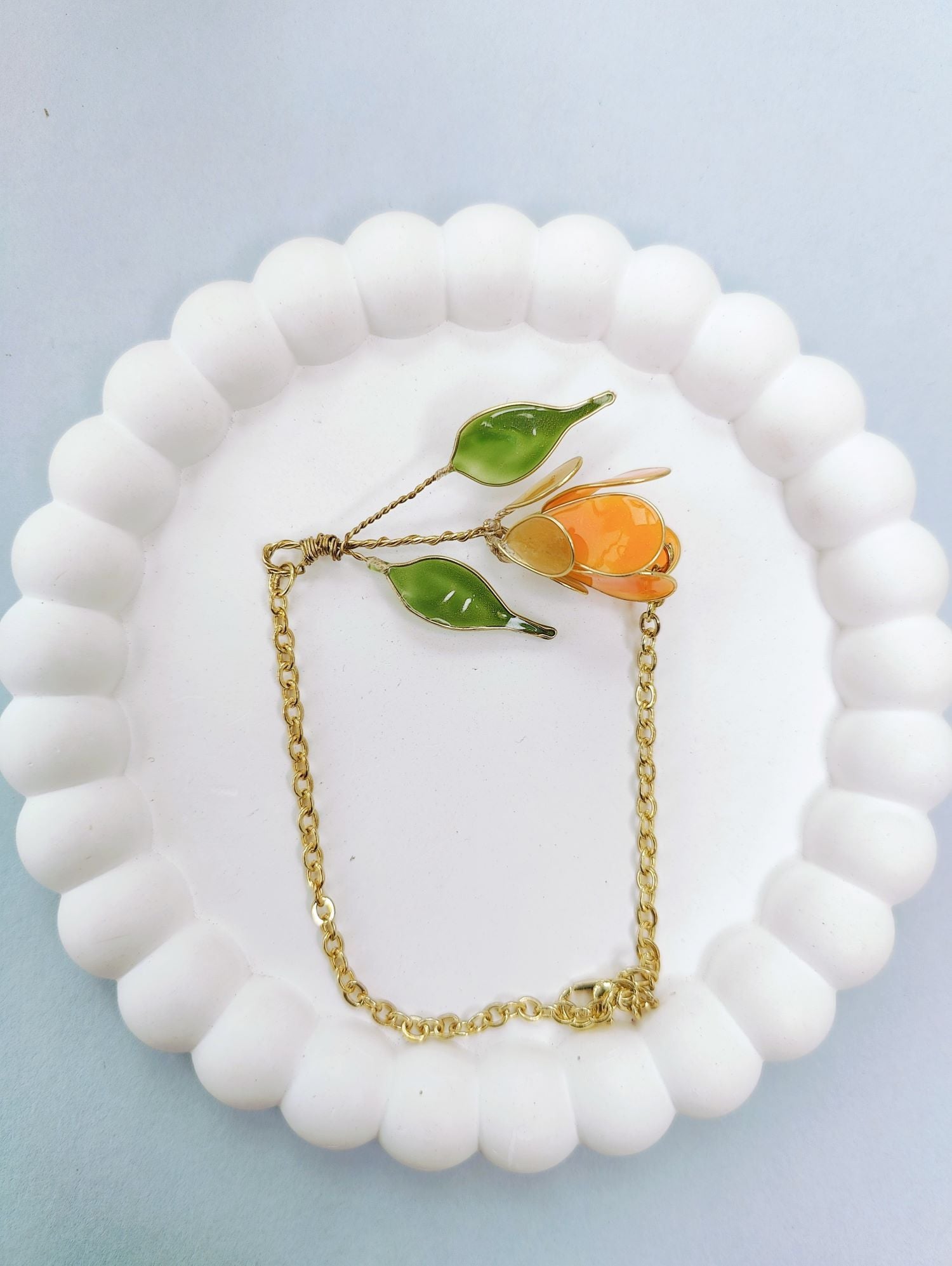 Handmade Resin Necklace Tulip Set in Orange Green