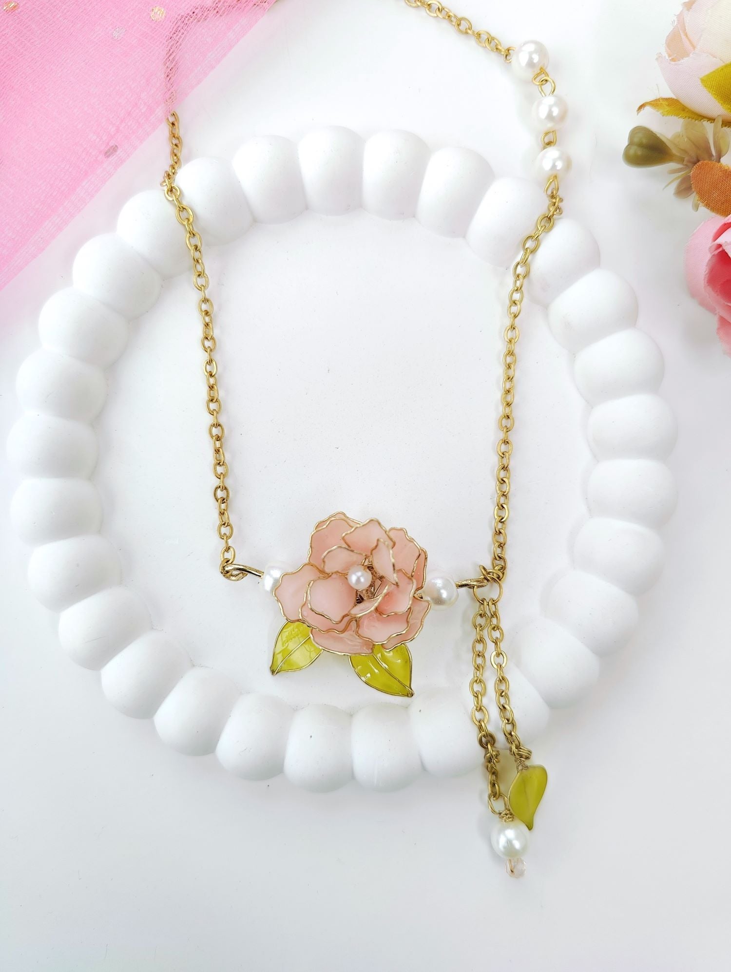 Soft Pink Floral Resin Necklace for Women