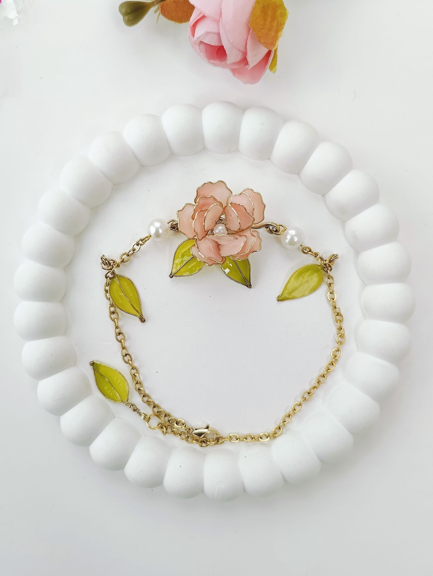 Soft Pink Floral Resin Necklace for Women