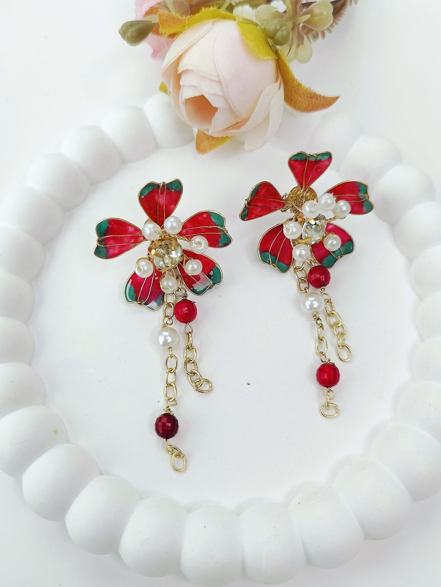 Cherry Red Green Floral Resin Necklace Set