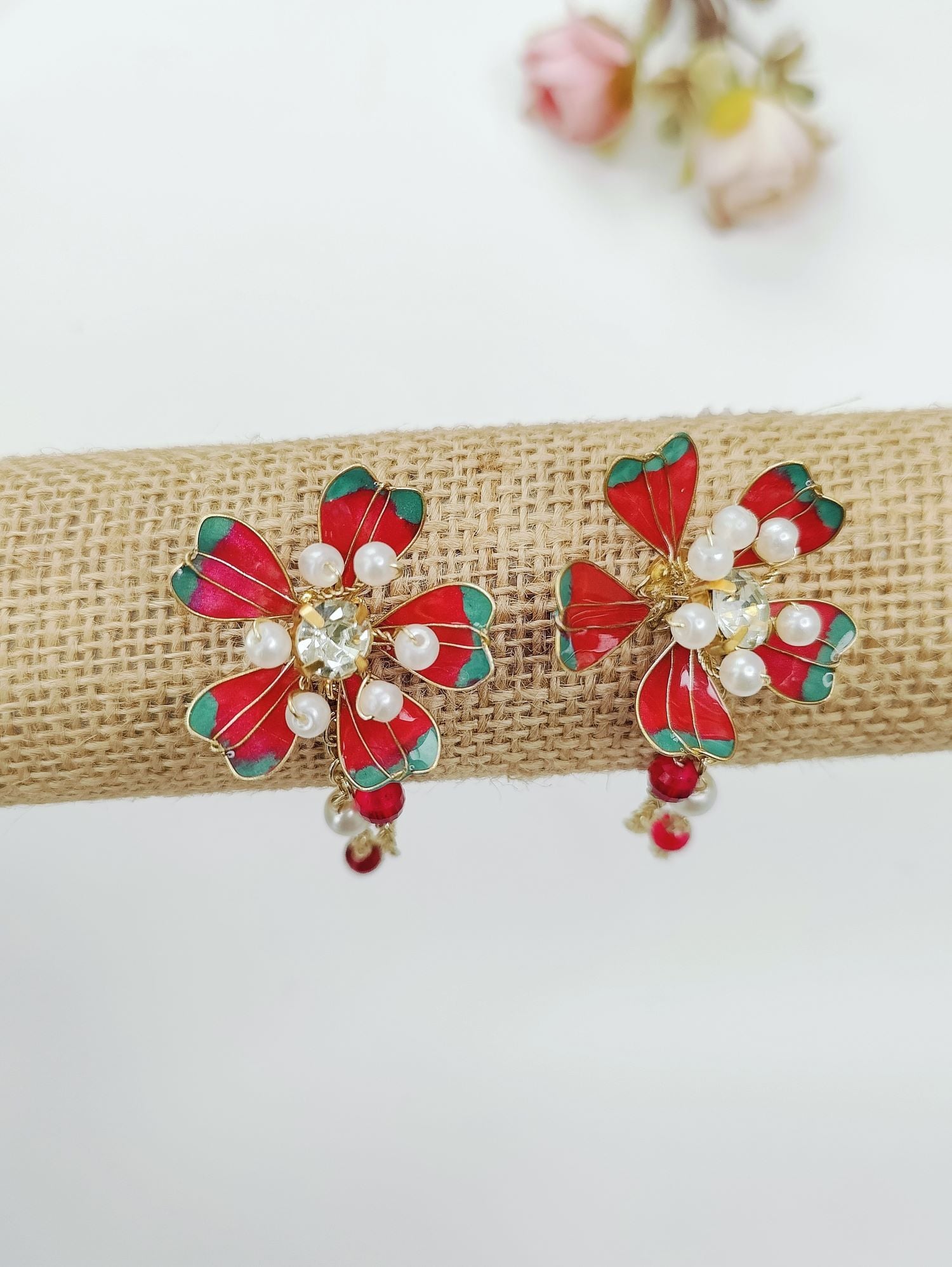 Cherry Red Green Floral Resin Necklace Set