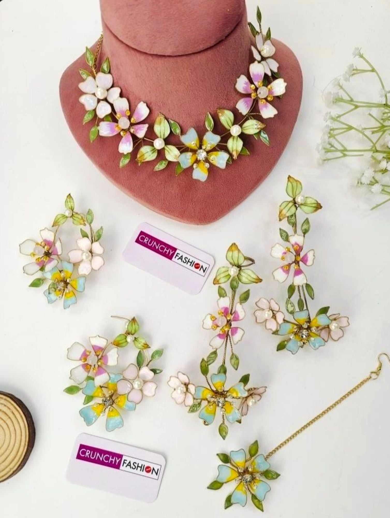 Pastel Floral Resin Jewellery Set with Maang Tikka for Haldi & Mehndi