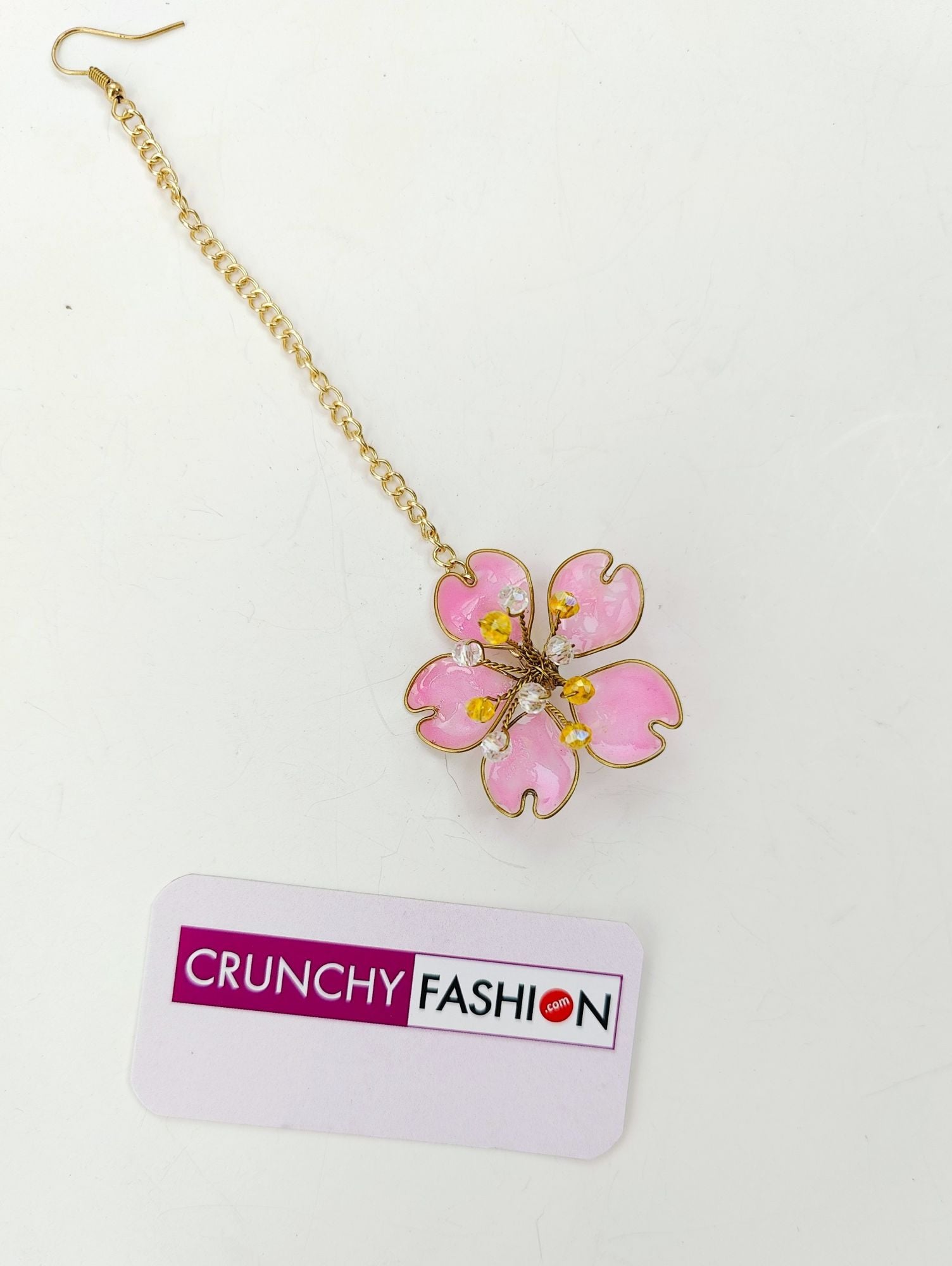 Pink Resin Floral Haldi Jewellery Set for Women with Tikka, Earrings and Hathphool
