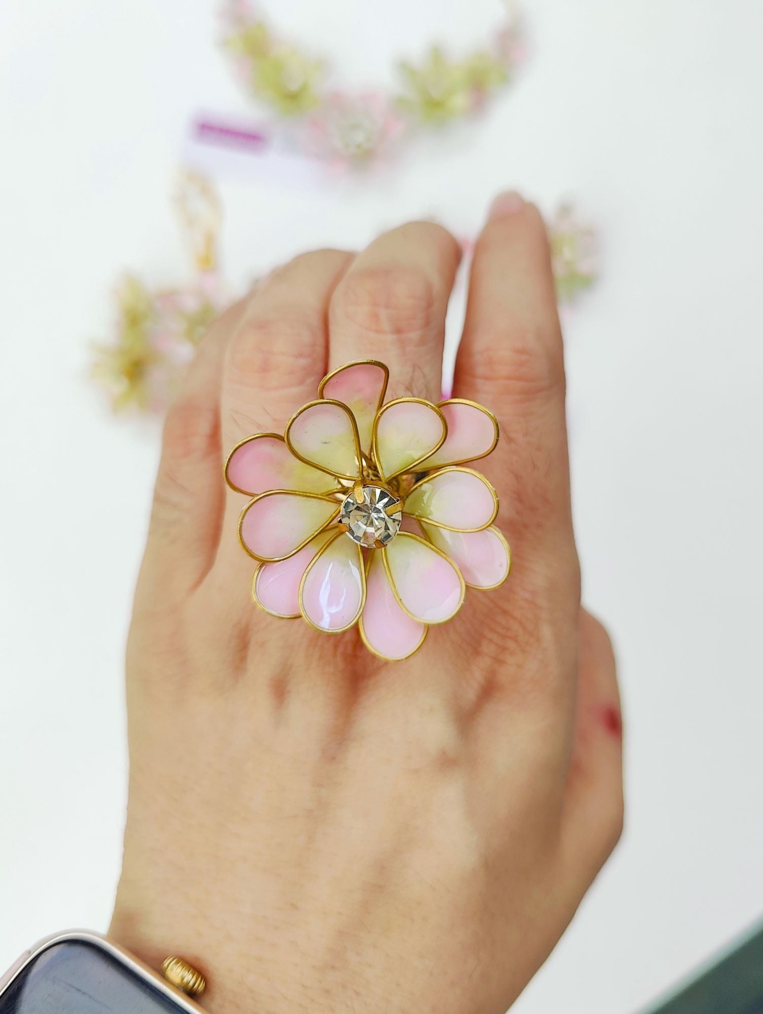 Bridal Floral Resin Jewelry: Pink & Mint for Haldi-Mehndi