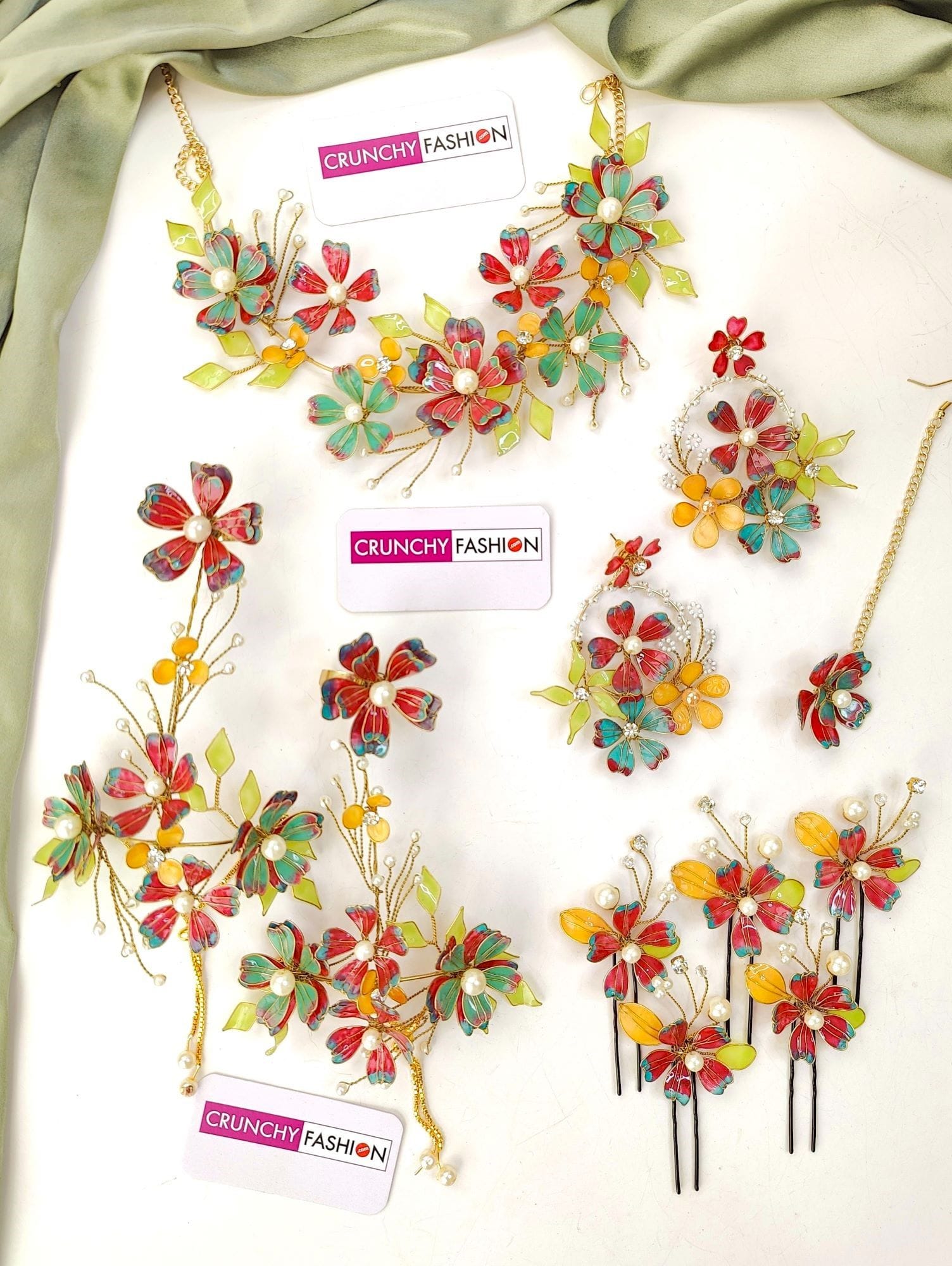 Handcrafted Floral Ensemble: Pink, Yellow, Sky-Blue Resin Bridal Set for Haldi & Mehndi Celebrations