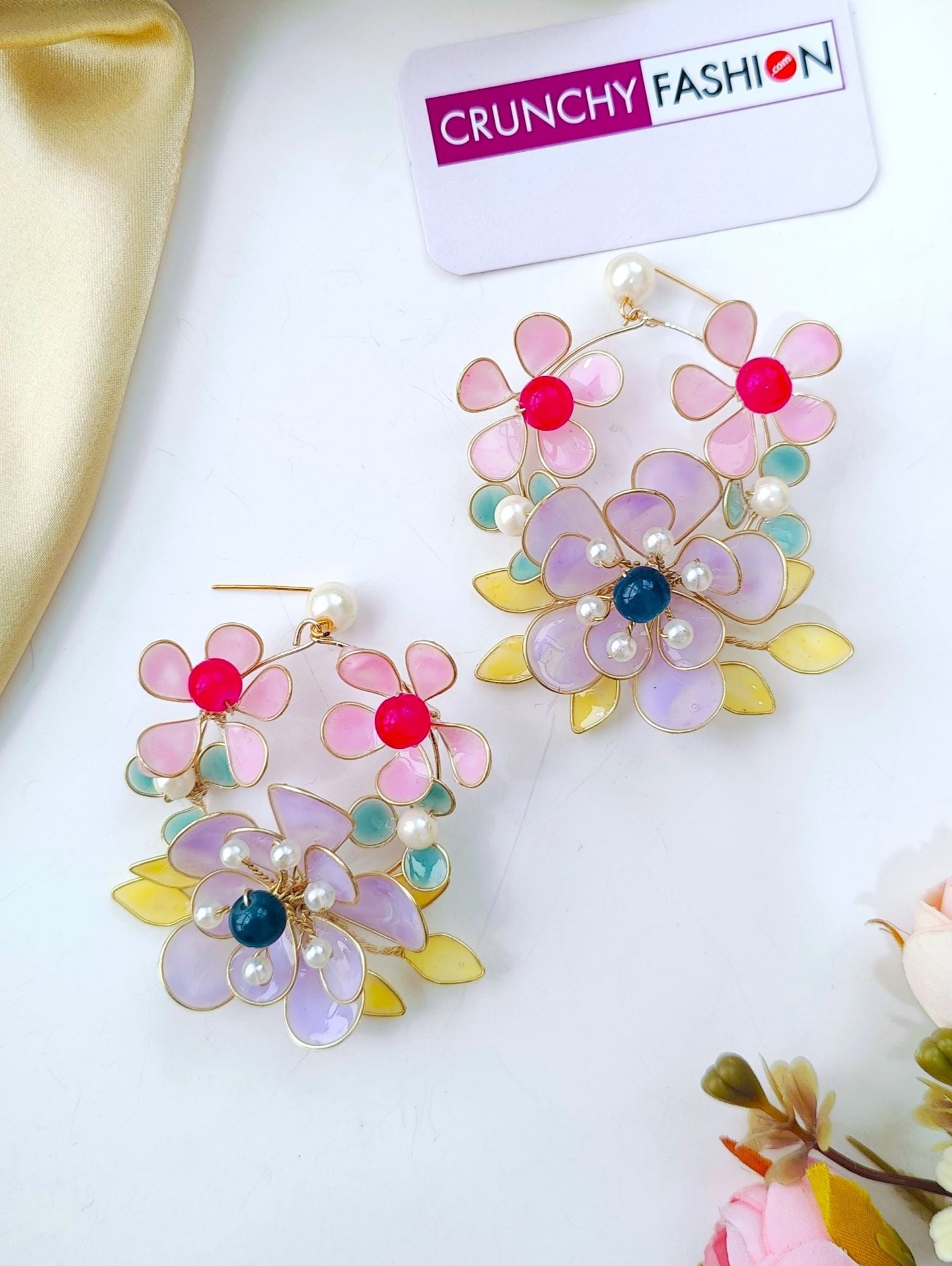 Multicolor Floral Resin Statement Earrings with Pearls for Women