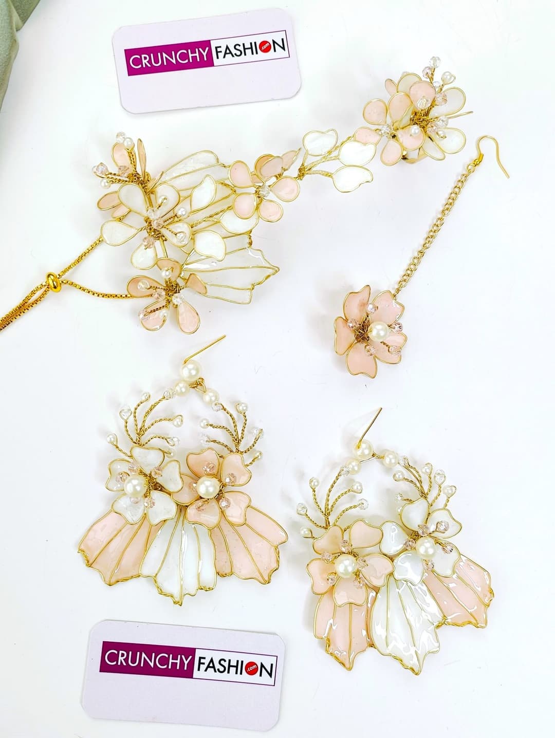 Bridal Blossom White-Peach Jewellery Set - Designer Wedding Elegance