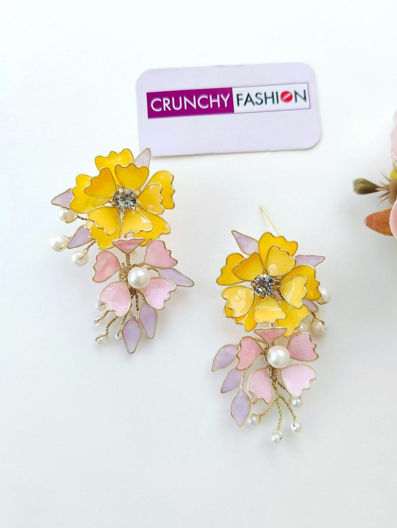 Yellow & Pastel Pink Floral Resin Pearl Earrings for Women