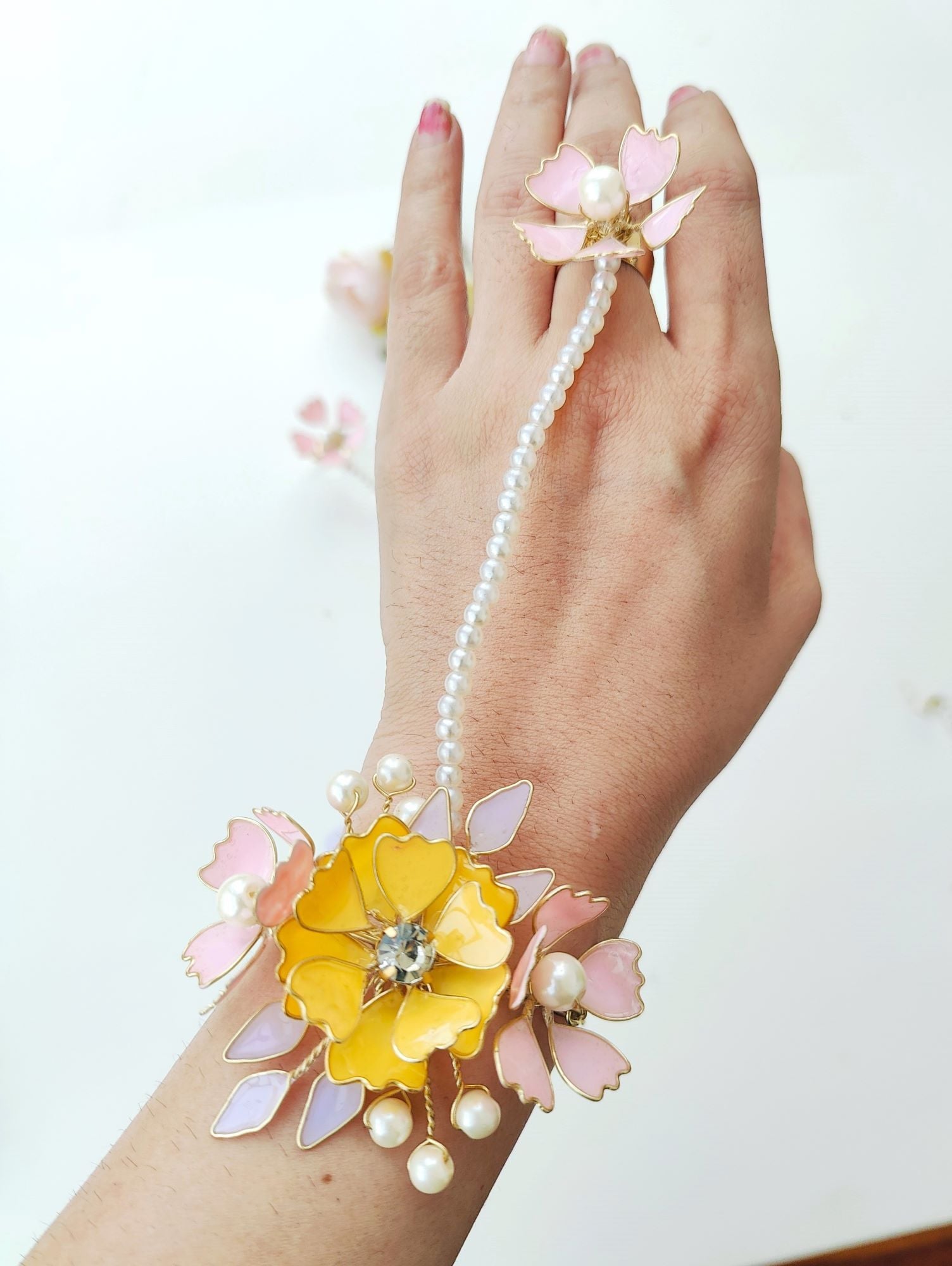 Luxe Floral Handmade Yellow & Pink Resin Bridal Jewelry 4 Haldi-Mehndi