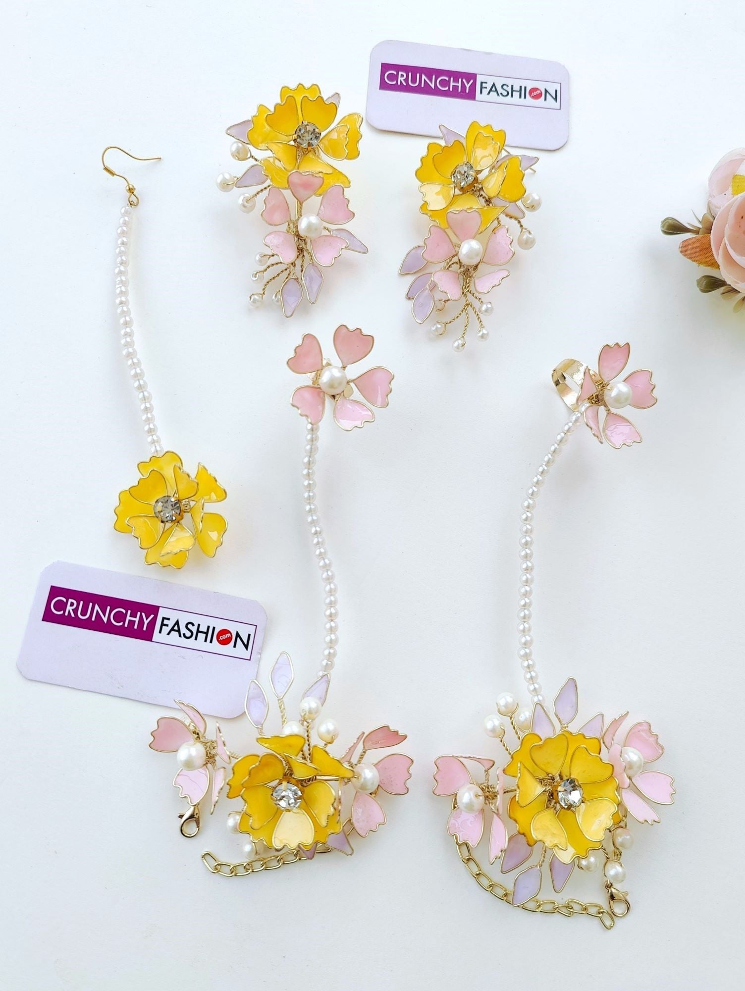 Luxe Floral Handmade Yellow & Pink Resin Bridal Jewelry 4 Haldi-Mehndi