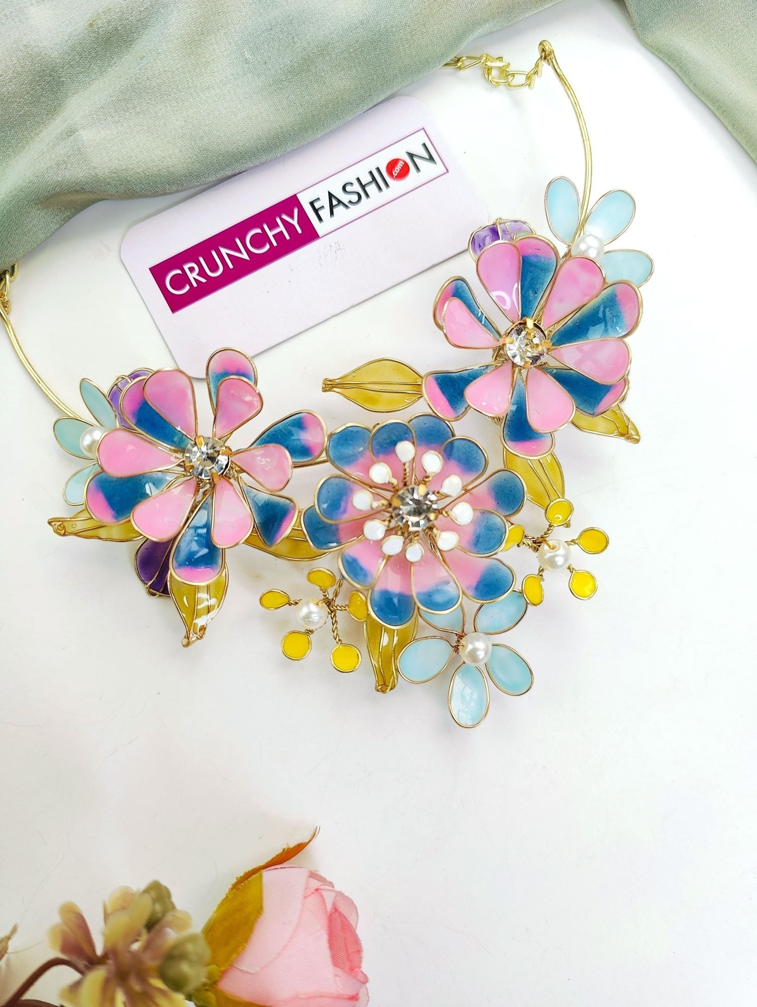Handmade Pink-Teal Resin Floral Bridal Jewellery for Haldi-Mehndi