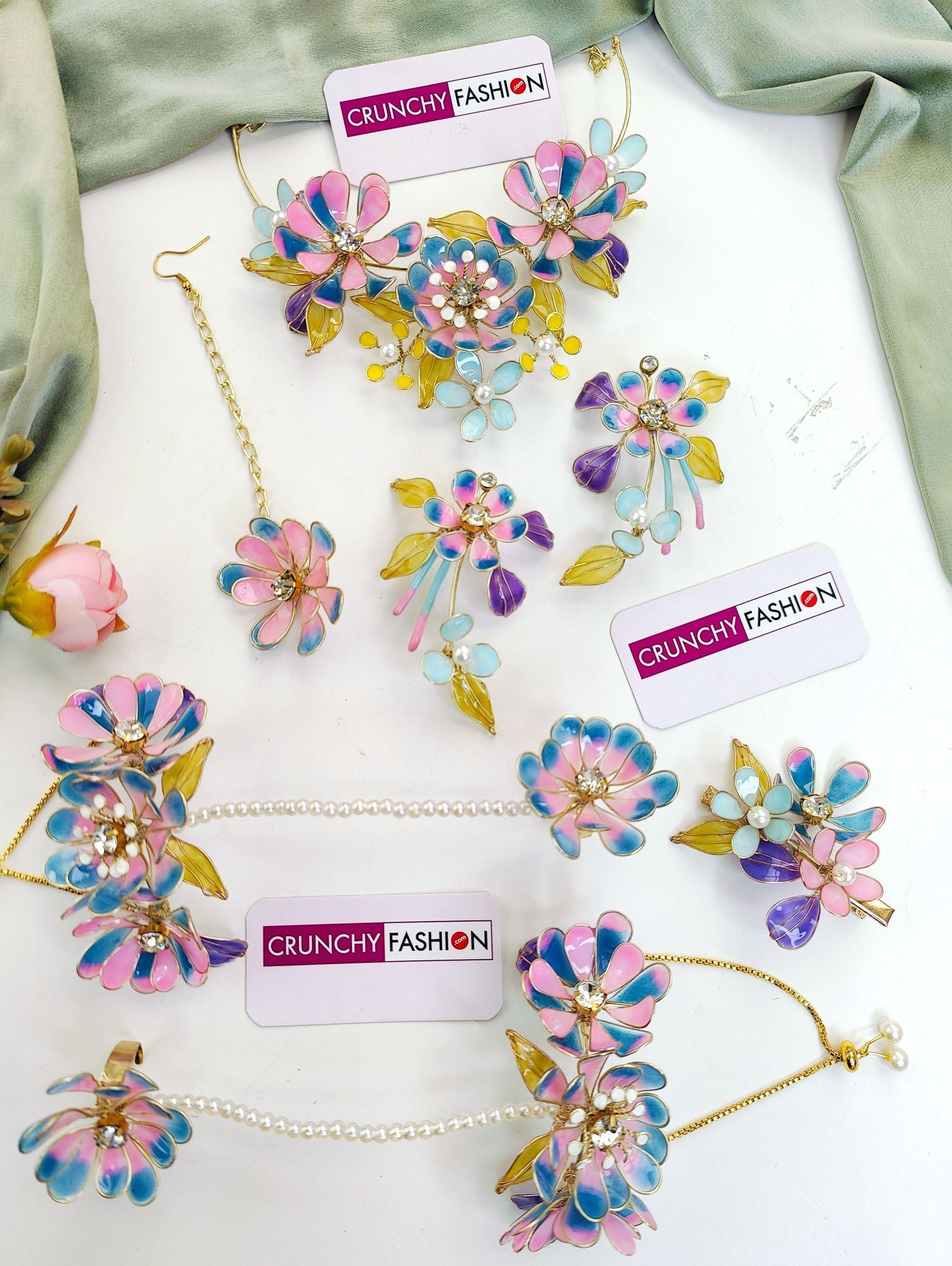 Handmade Pink-Teal Resin Floral Bridal Jewellery for Haldi-Mehndi