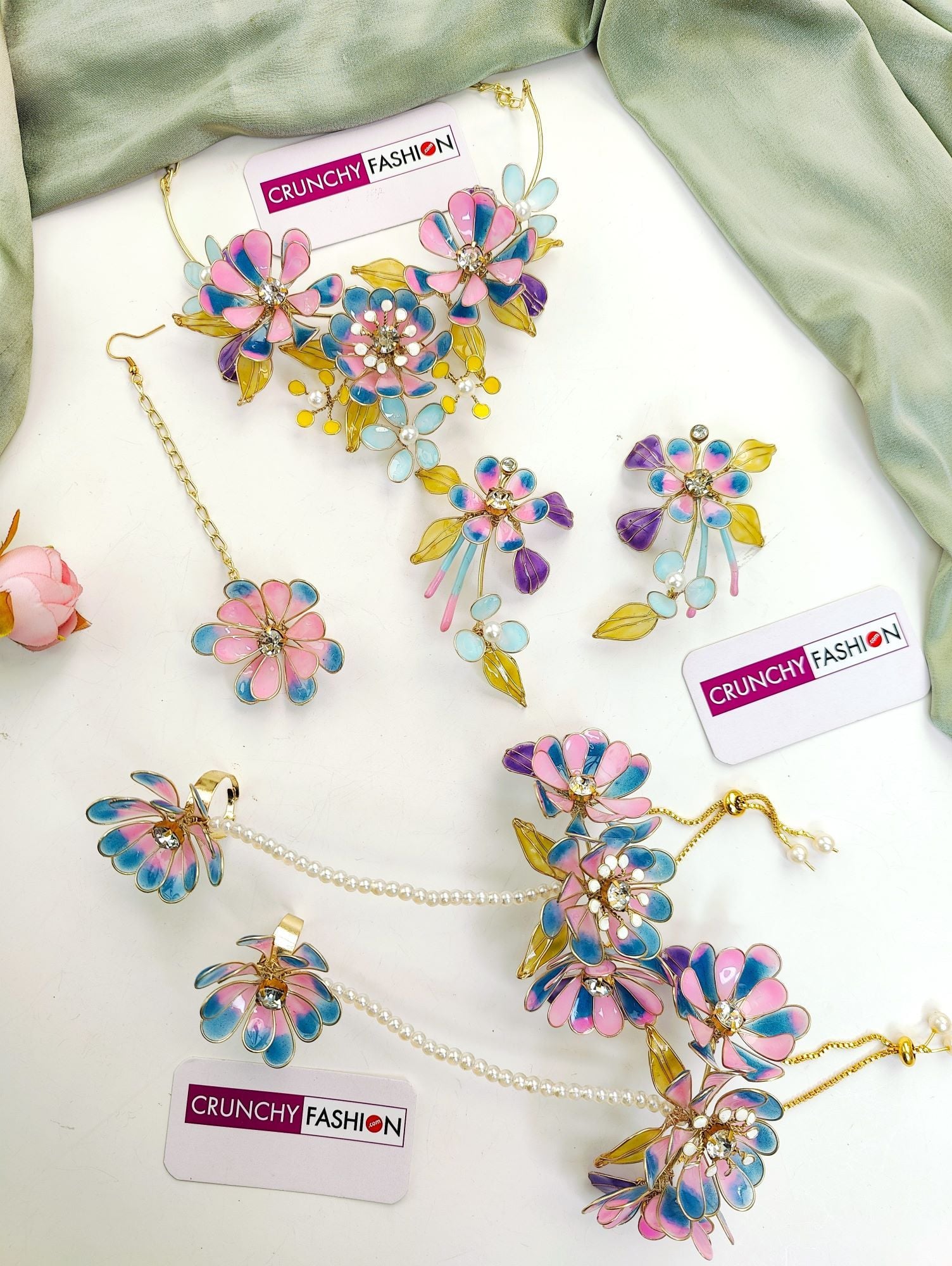 Handcrafted Blue & Pink Resin Flower Jewellery Set for Brides