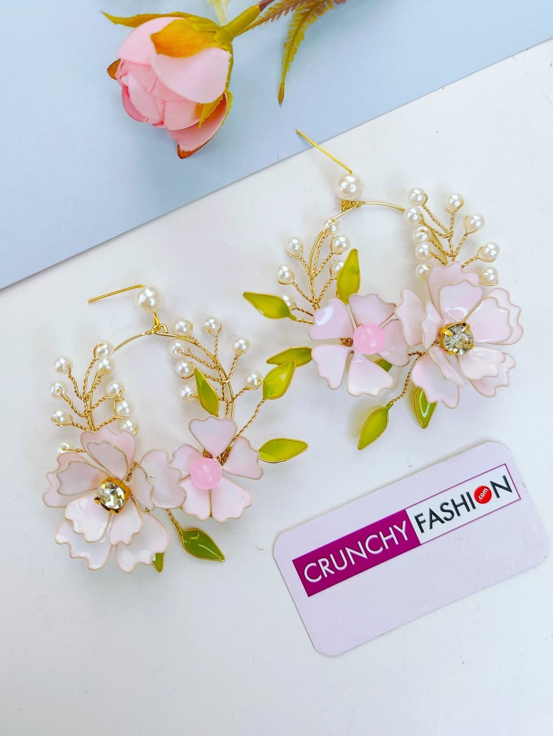 Blossom Bliss: Light Pink Floral Bridal Jewellery Set in Gold Plating