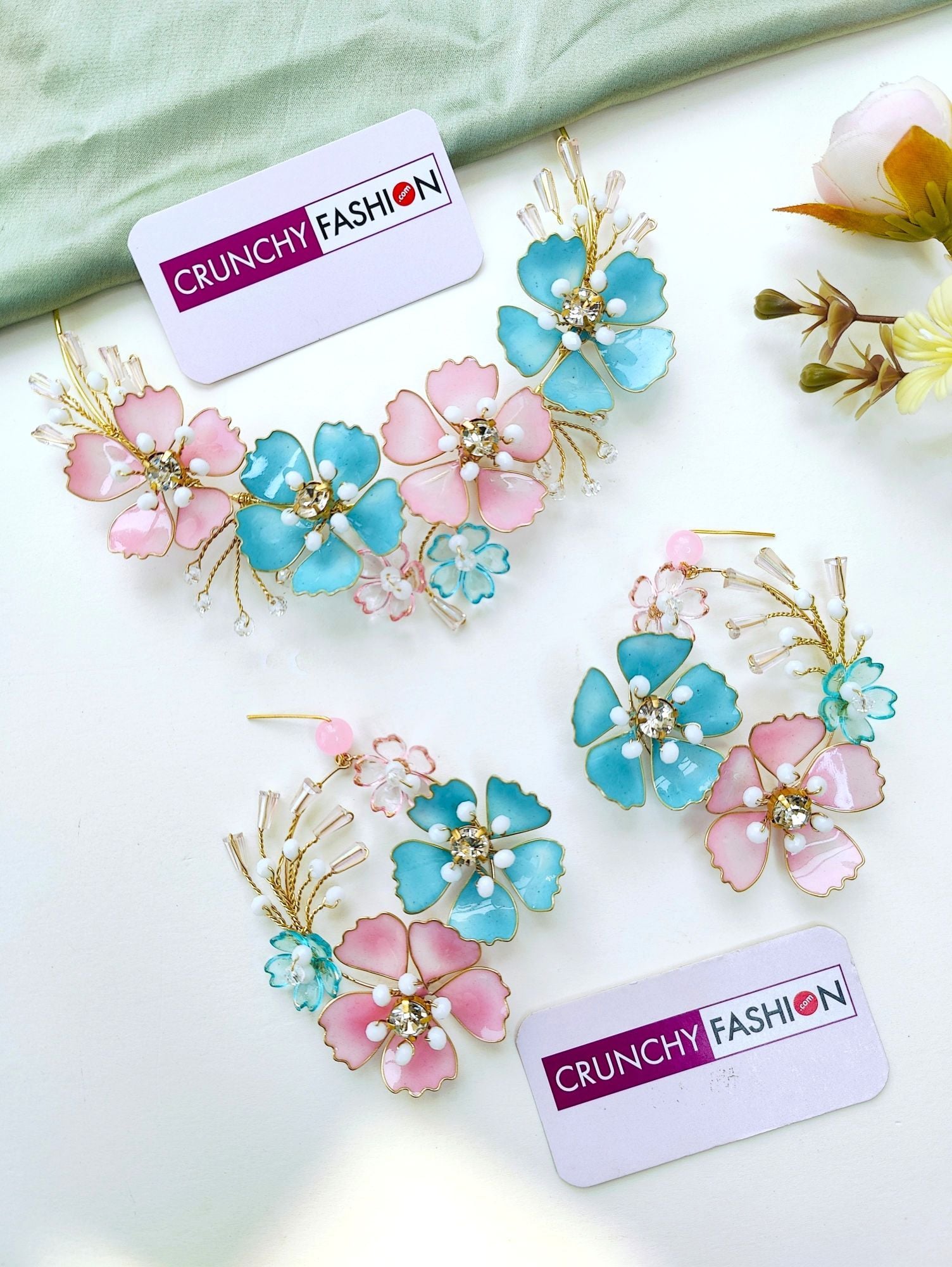 Pastel Blue Pink Floral Resin Jewellery Set for Haldi Mehndi Brides