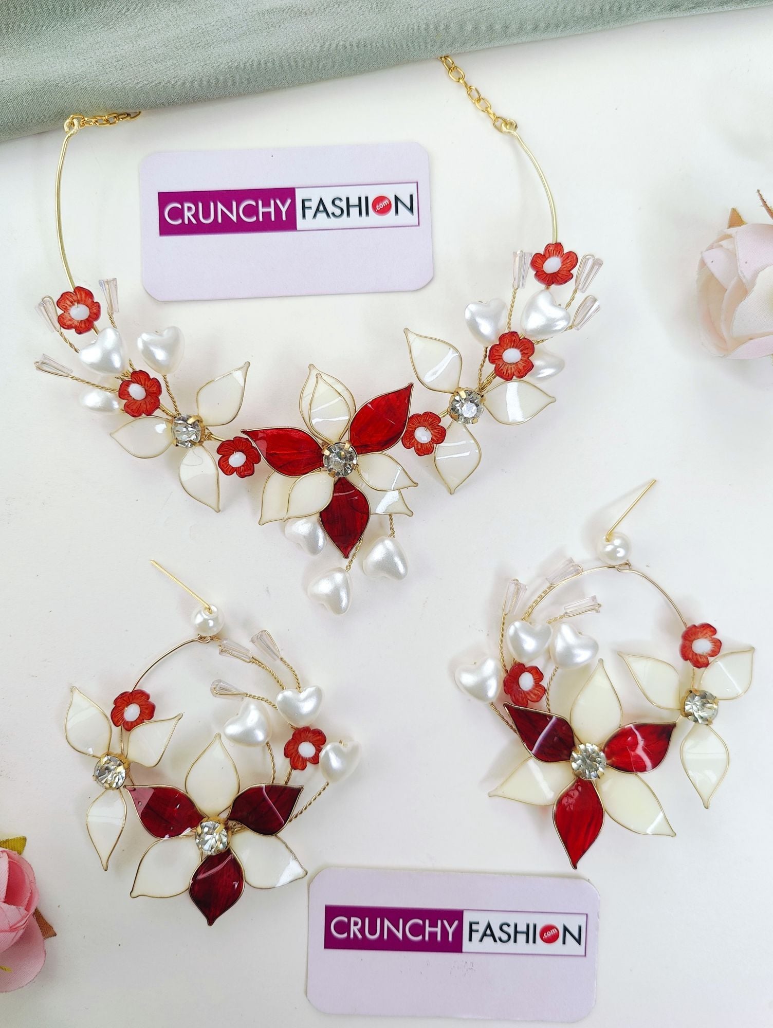 Handcrafted Floral Resin Bridal Set: Red-Off White for Haldi|Mehndi