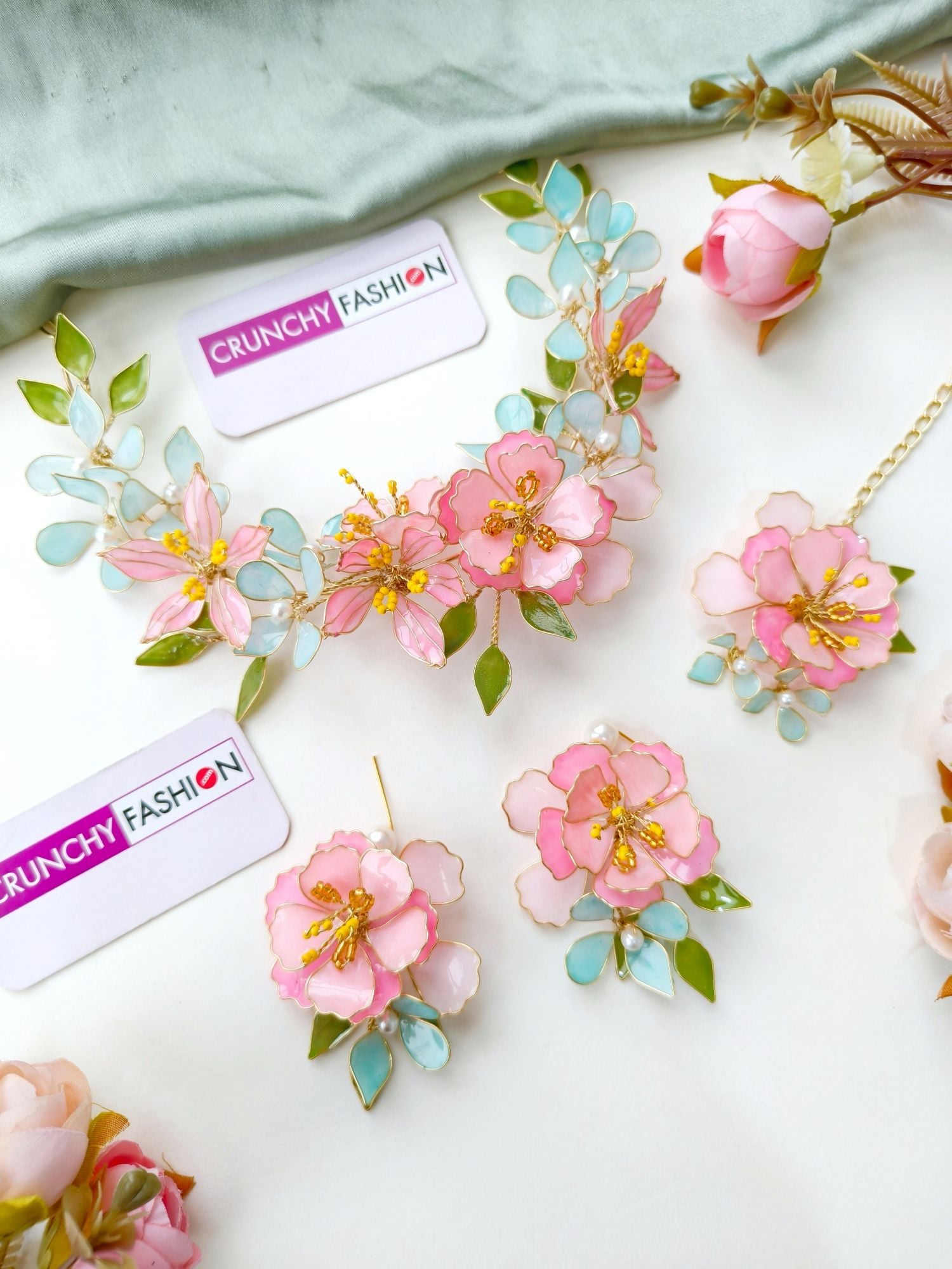 Pink Floral Resin Necklace Set for Haldi Mehndi & Bridal Wear