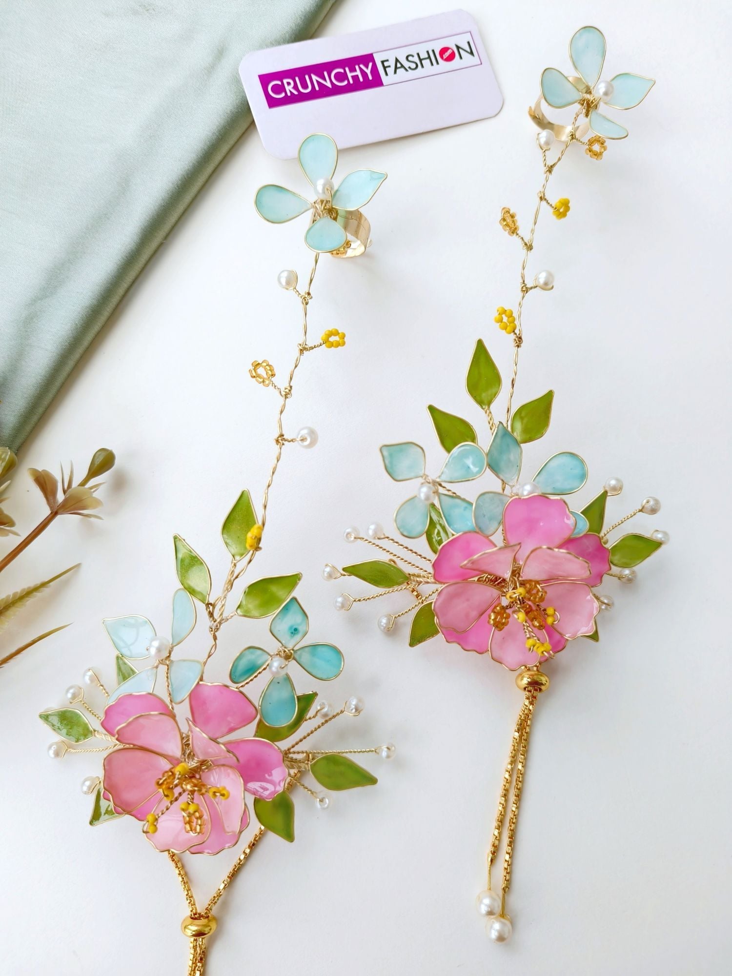 Pink Floral Resin Necklace Set for Haldi Mehndi & Bridal Wear