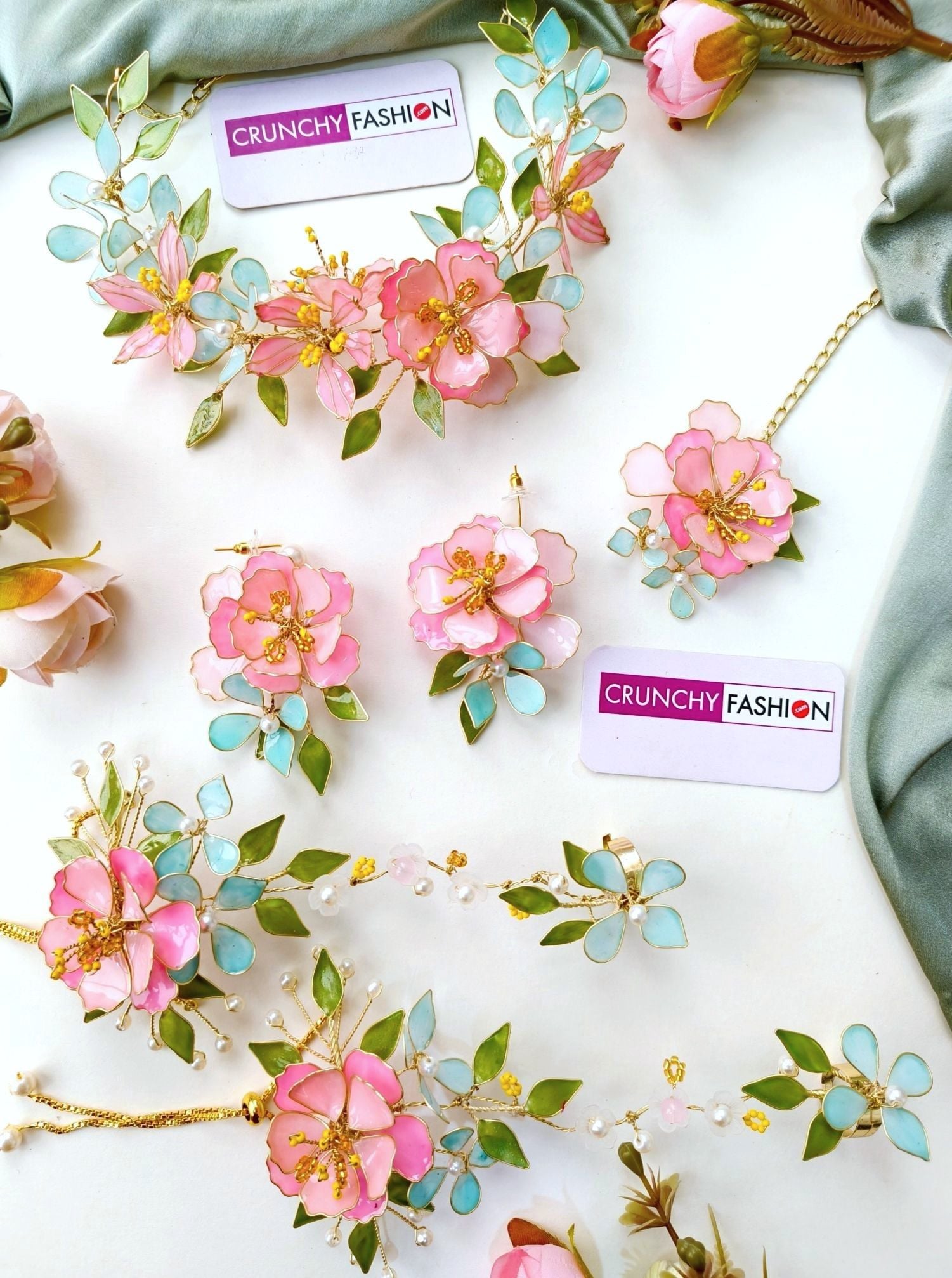Pink Floral Resin Necklace Set for Haldi Mehndi & Bridal Wear