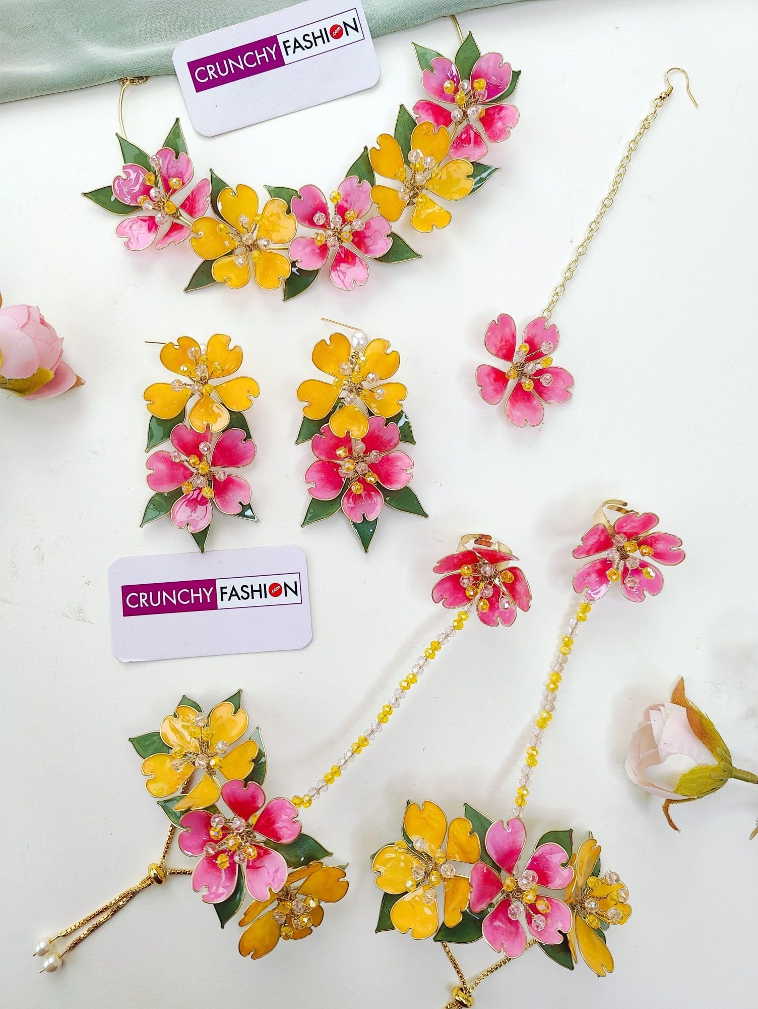 Floral Fantasy Resin Handmade Bridal Set Yellow-Pink Haldi & Mehndi