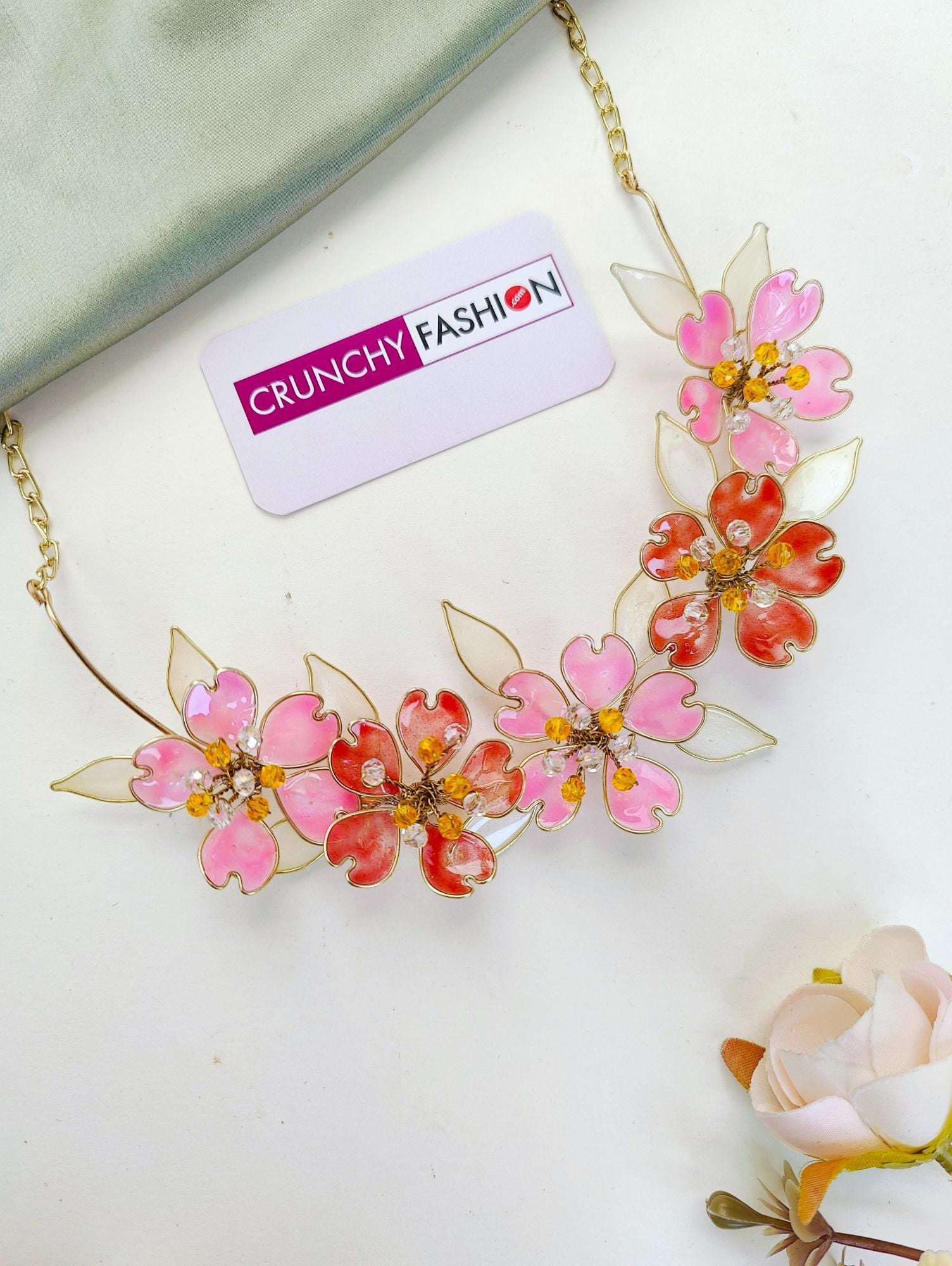 Pink & Orange Floral Resin Haldi Jewellery Set for Women