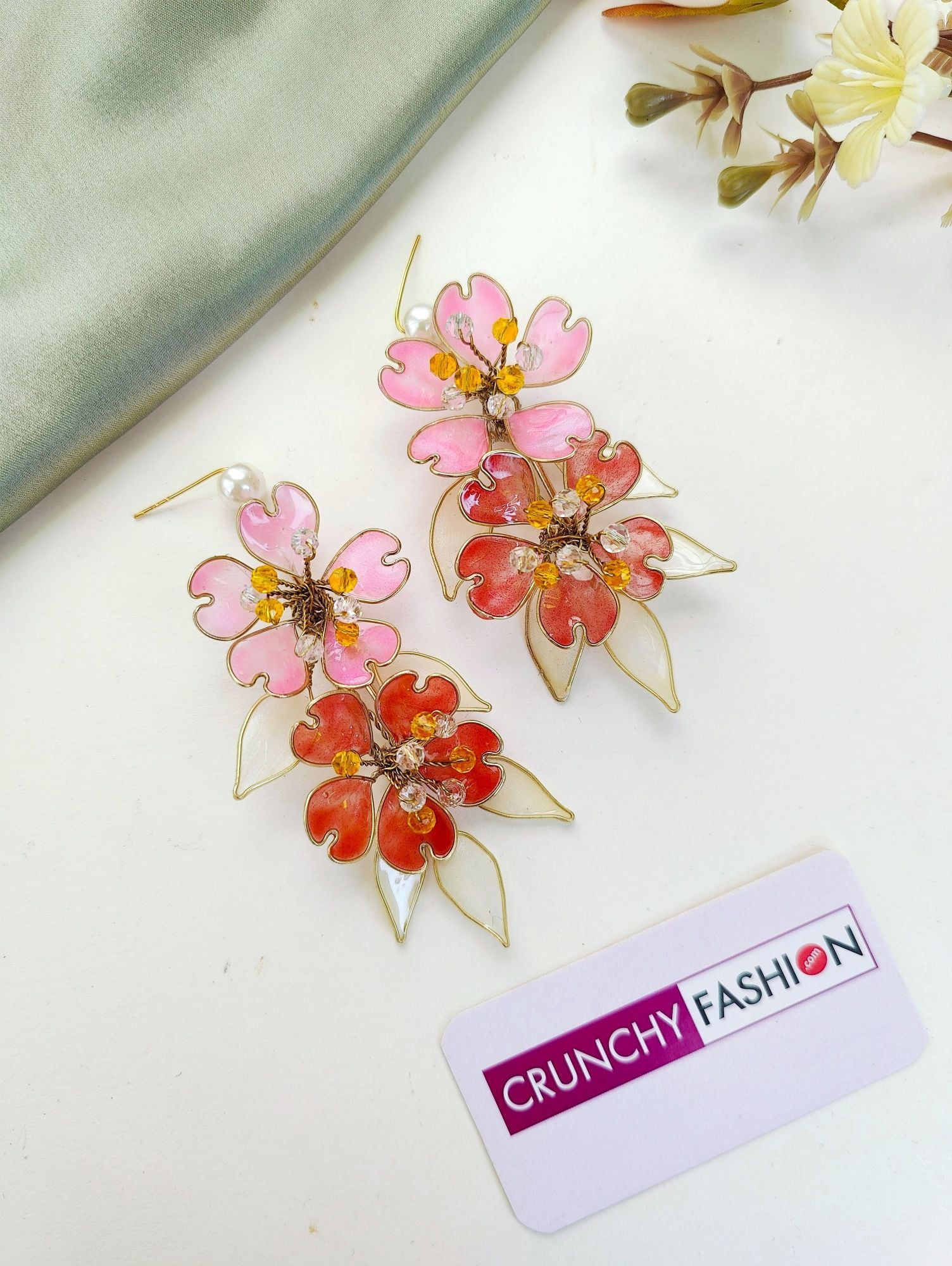Pink & Orange Floral Resin Haldi Jewellery Set for Women