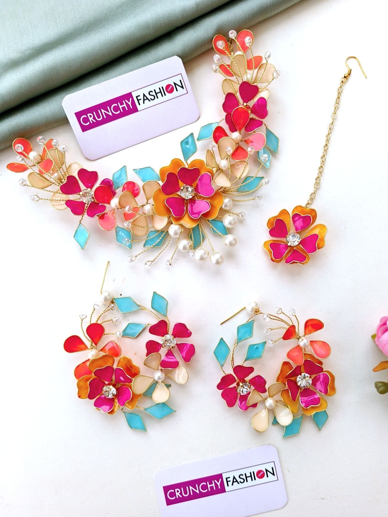 Festive Multicolor Bridal Floral Resin-Based Carnival Jewellery Set for Haldi-Mehndi