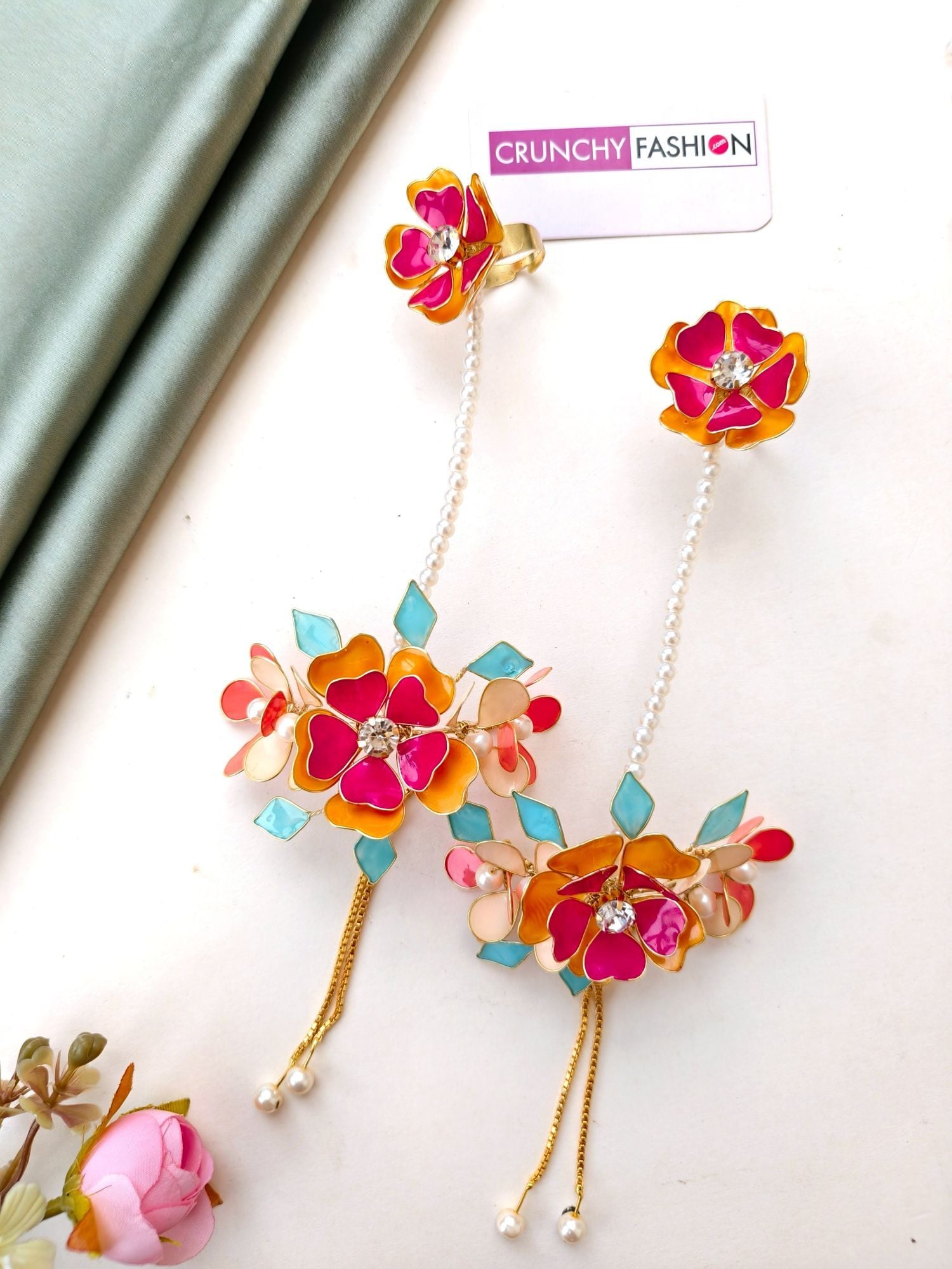Festive Multicolor Bridal Floral Resin-Based Carnival Jewellery Set for Haldi-Mehndi