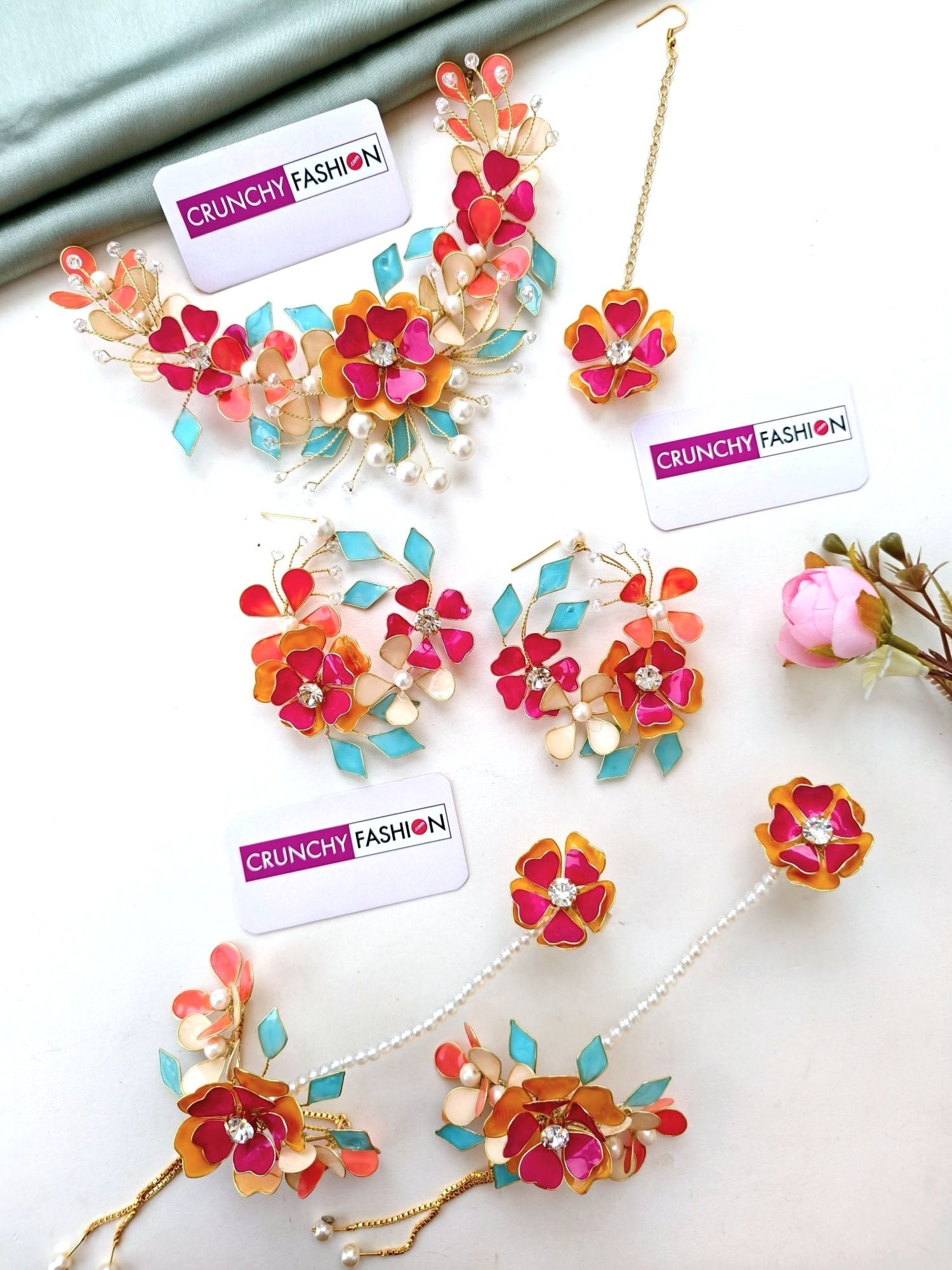 Festive Multicolor Bridal Floral Resin-Based Carnival Jewellery Set for Haldi-Mehndi
