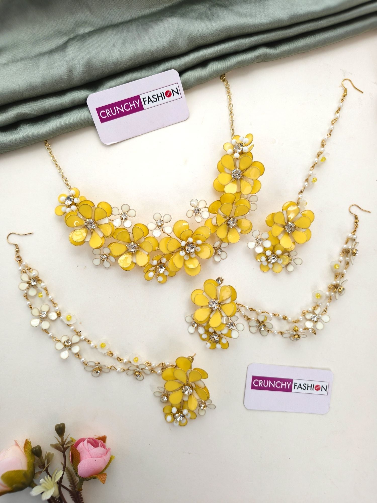 Resin Art Blossom Ensemble: Haldi-Mehndi Carnival Bridal Jewellery Set in Gold Plating with Earchains