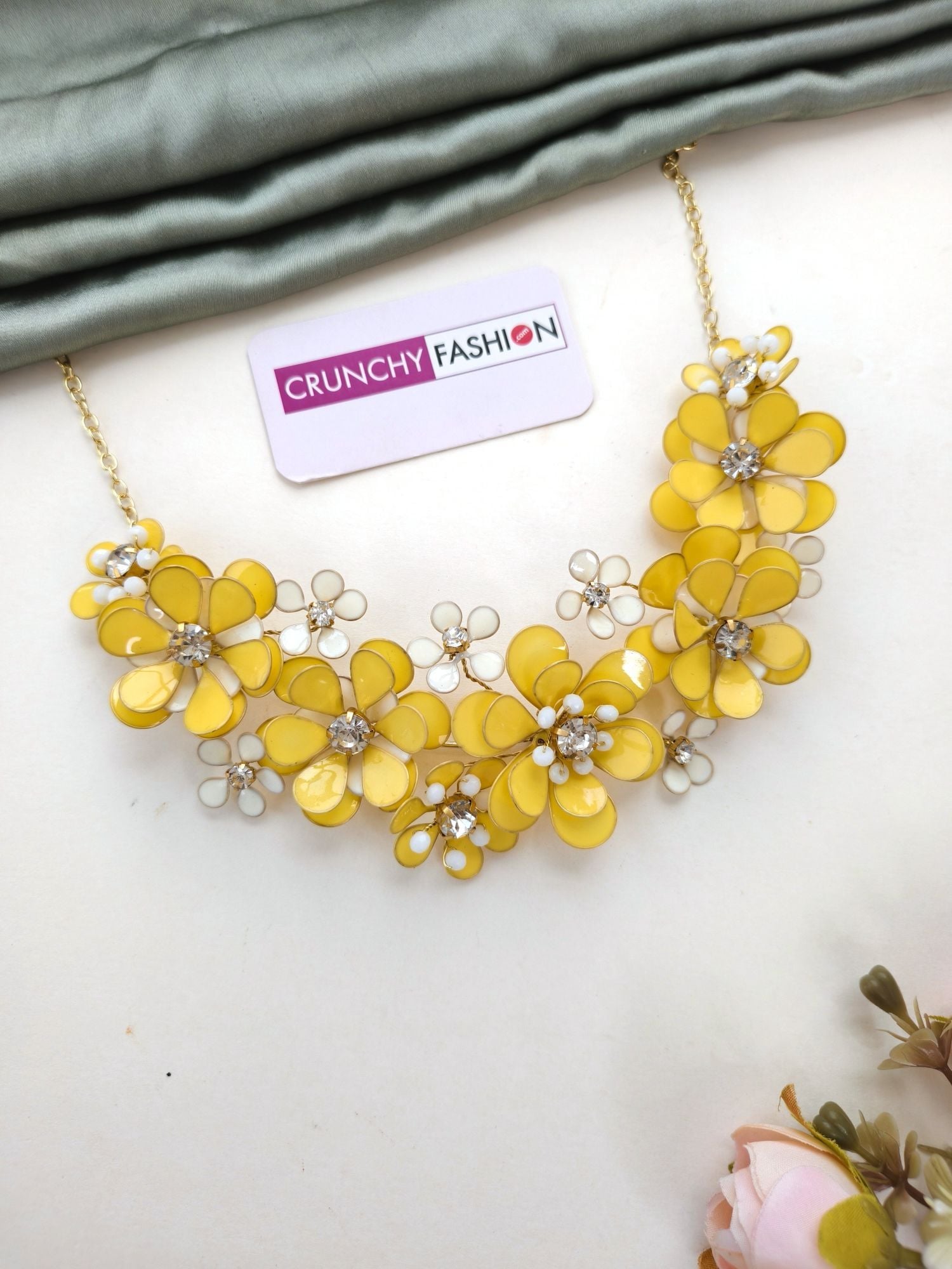 Resin Art Blossom Ensemble: Haldi-Mehndi Carnival Bridal Jewellery Set in Gold Plating with Earchains