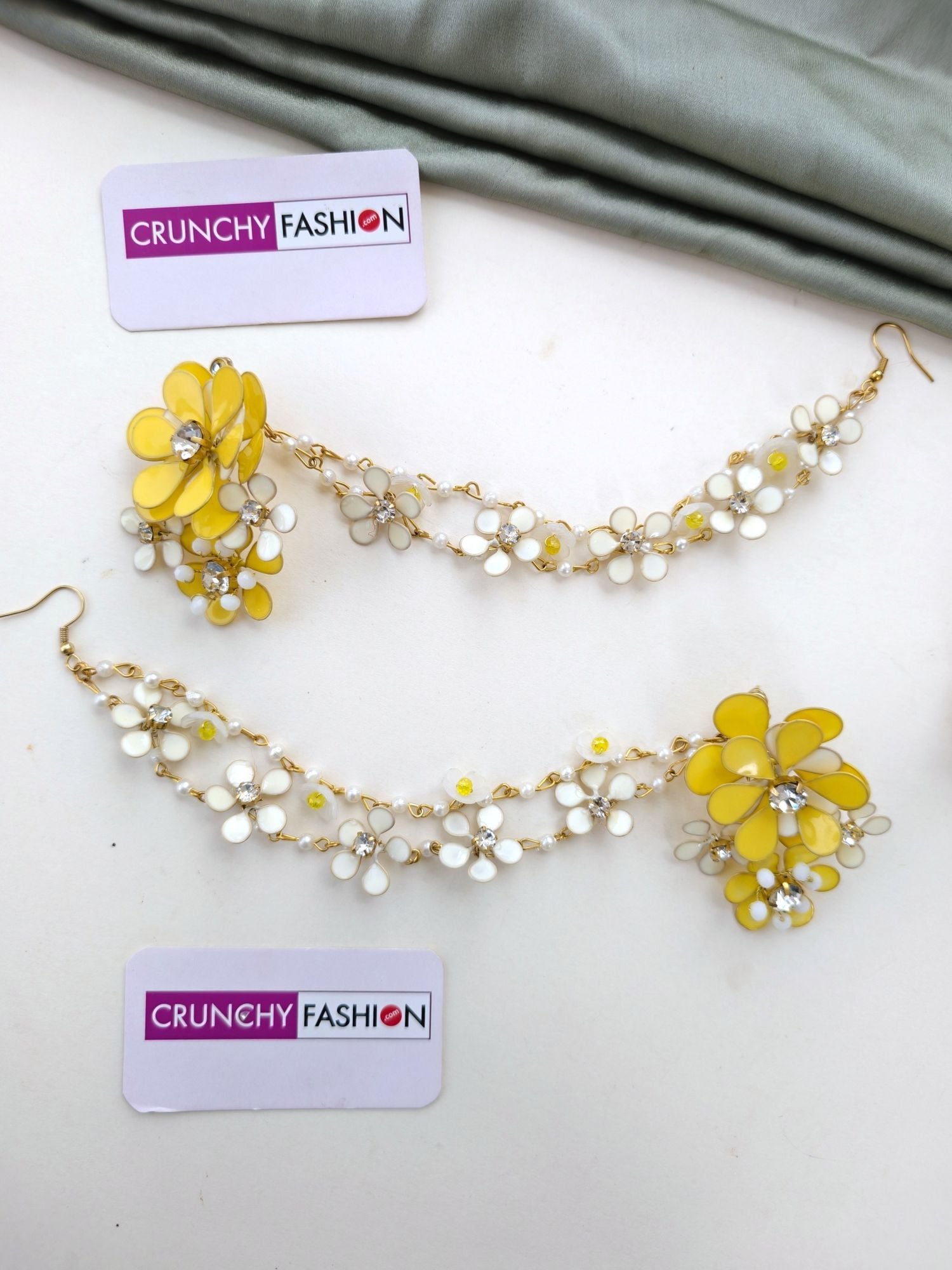 Resin Art Blossom Ensemble: Haldi-Mehndi Carnival Bridal Jewellery Set in Gold Plating with Earchains