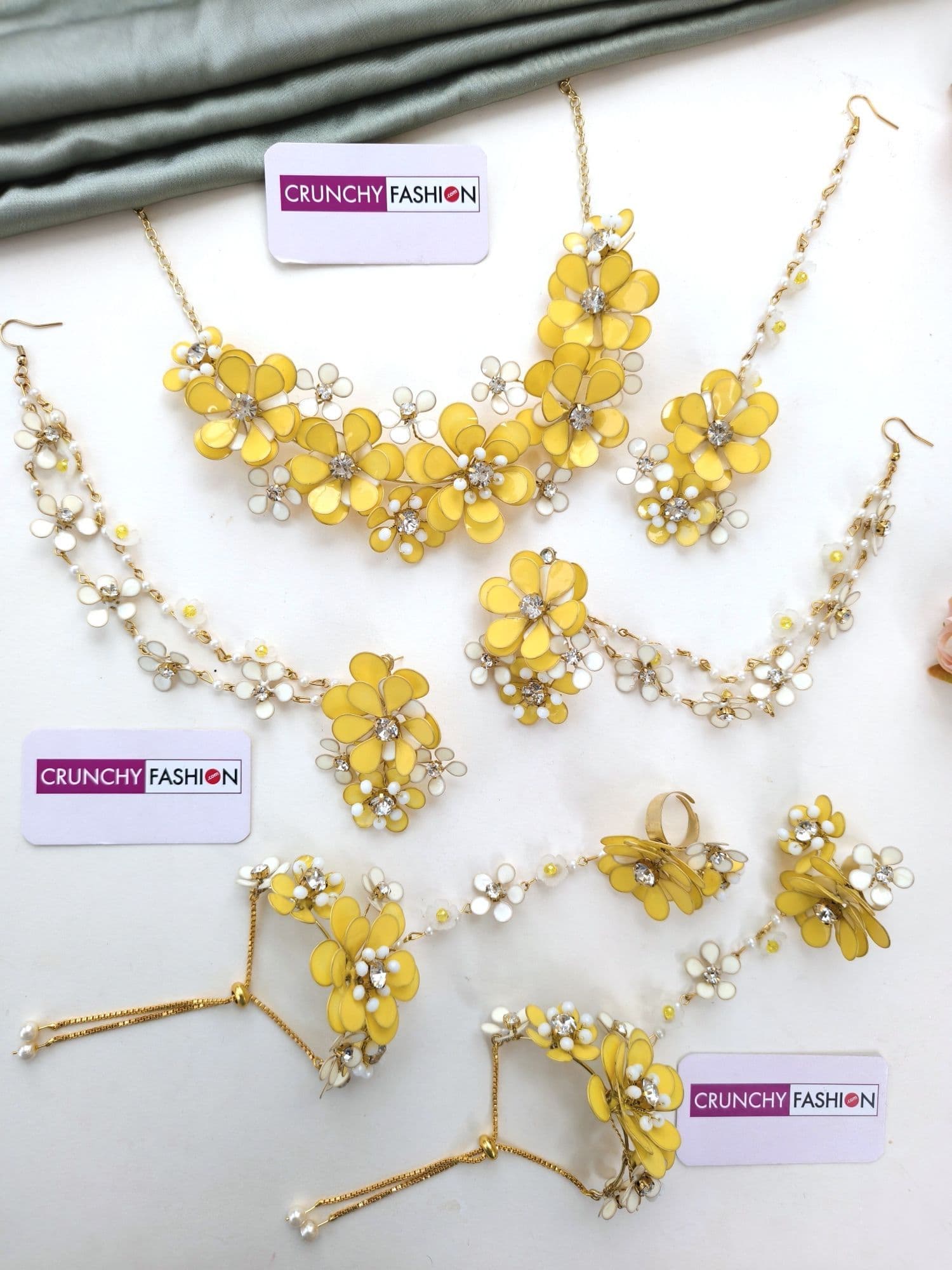 Resin Art Blossom Ensemble: Haldi-Mehndi Carnival Bridal Jewellery Set in Gold Plating with Earchains