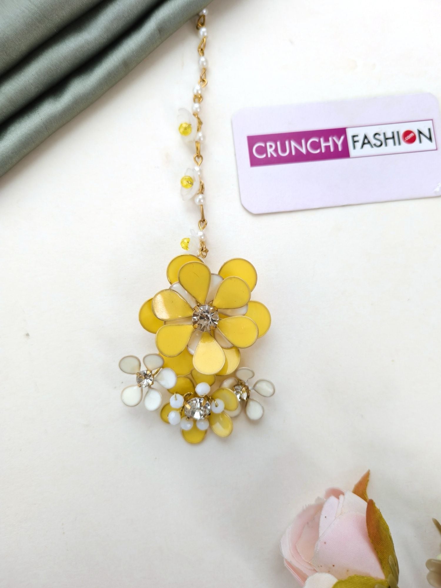 Resin Art Blossom Ensemble: Haldi-Mehndi Carnival Bridal Jewellery Set in Gold Plating with Earchains