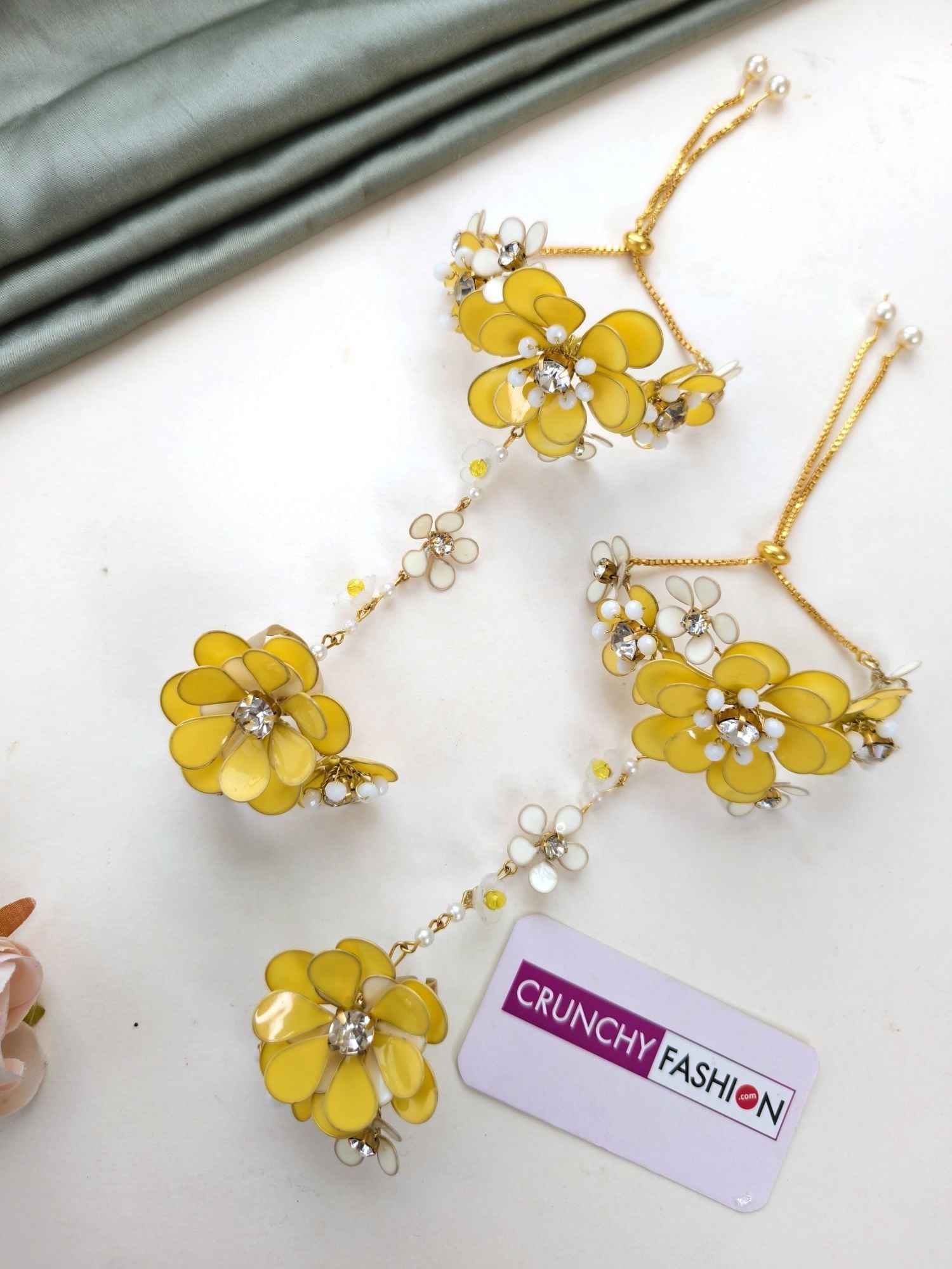 Resin Art Blossom Ensemble: Haldi-Mehndi Carnival Bridal Jewellery Set in Gold Plating with Earchains