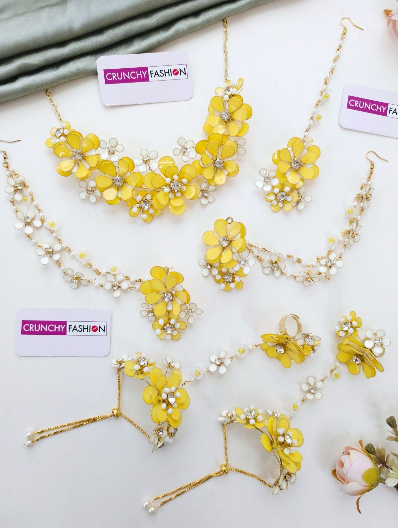 Resin Art Blossom Ensemble: Haldi-Mehndi Carnival Bridal Jewellery Set in Gold Plating with Earchains