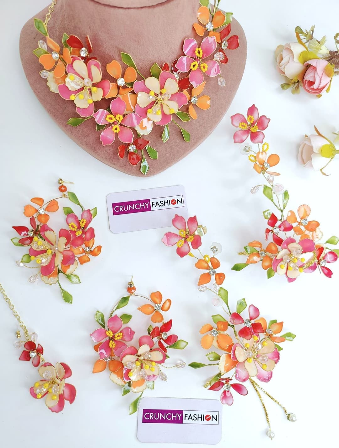 Pink-Orange Floral Resin Bridal Haldi Jewellery Set