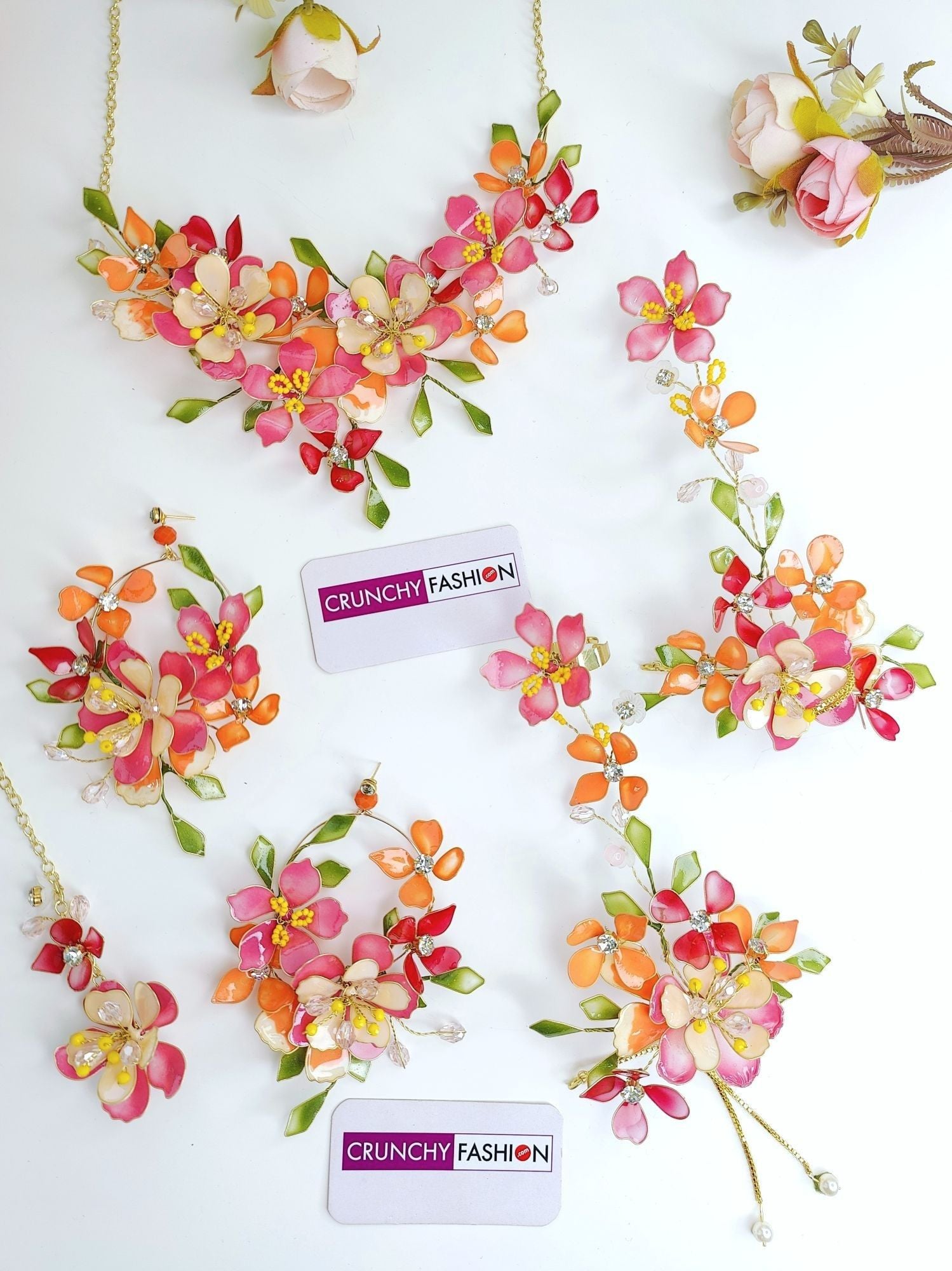 Pink-Orange Floral Resin Bridal Haldi Jewellery Set