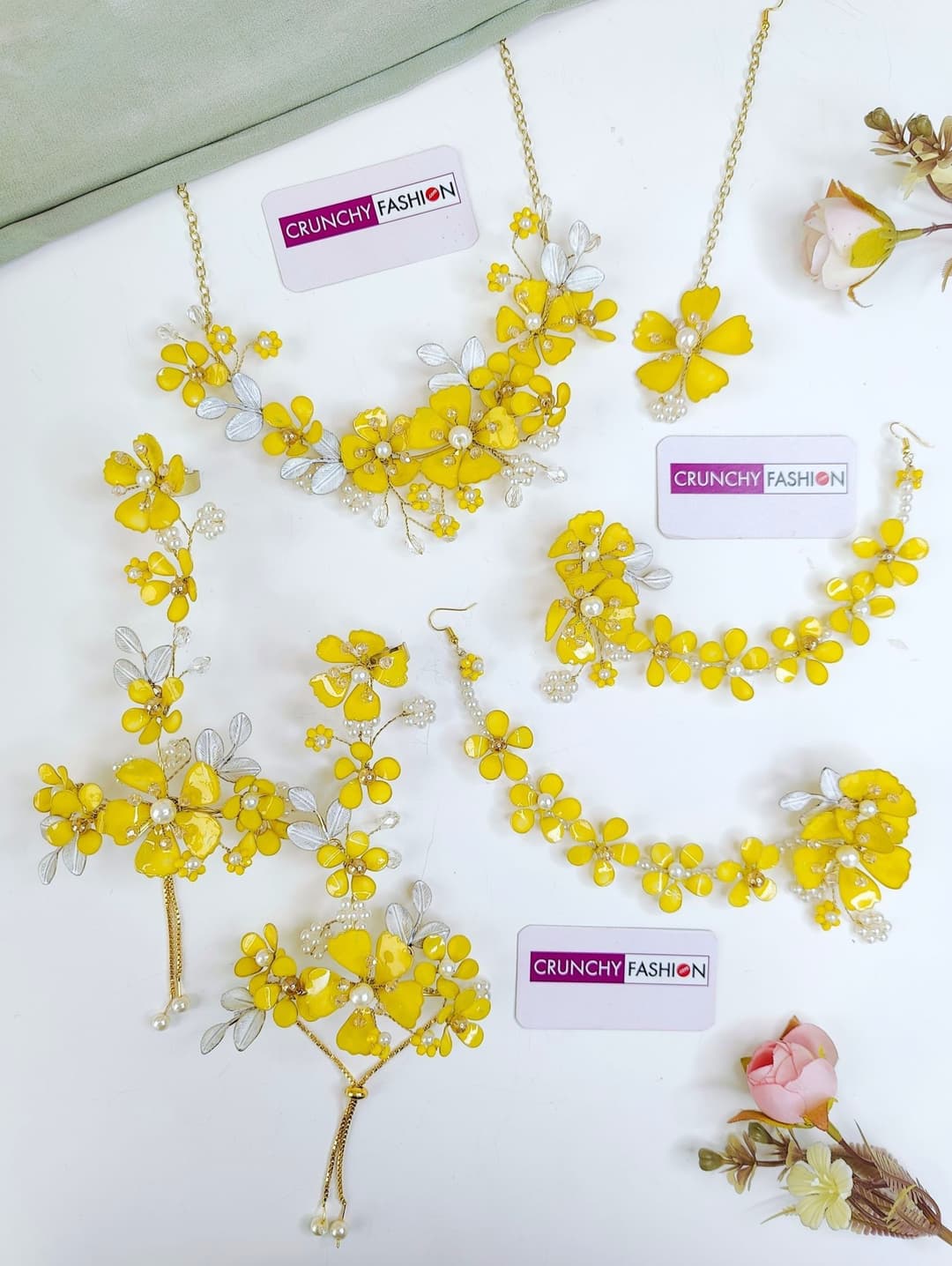 Yellow Floral Haldi Bridal Resin Jewellery Set