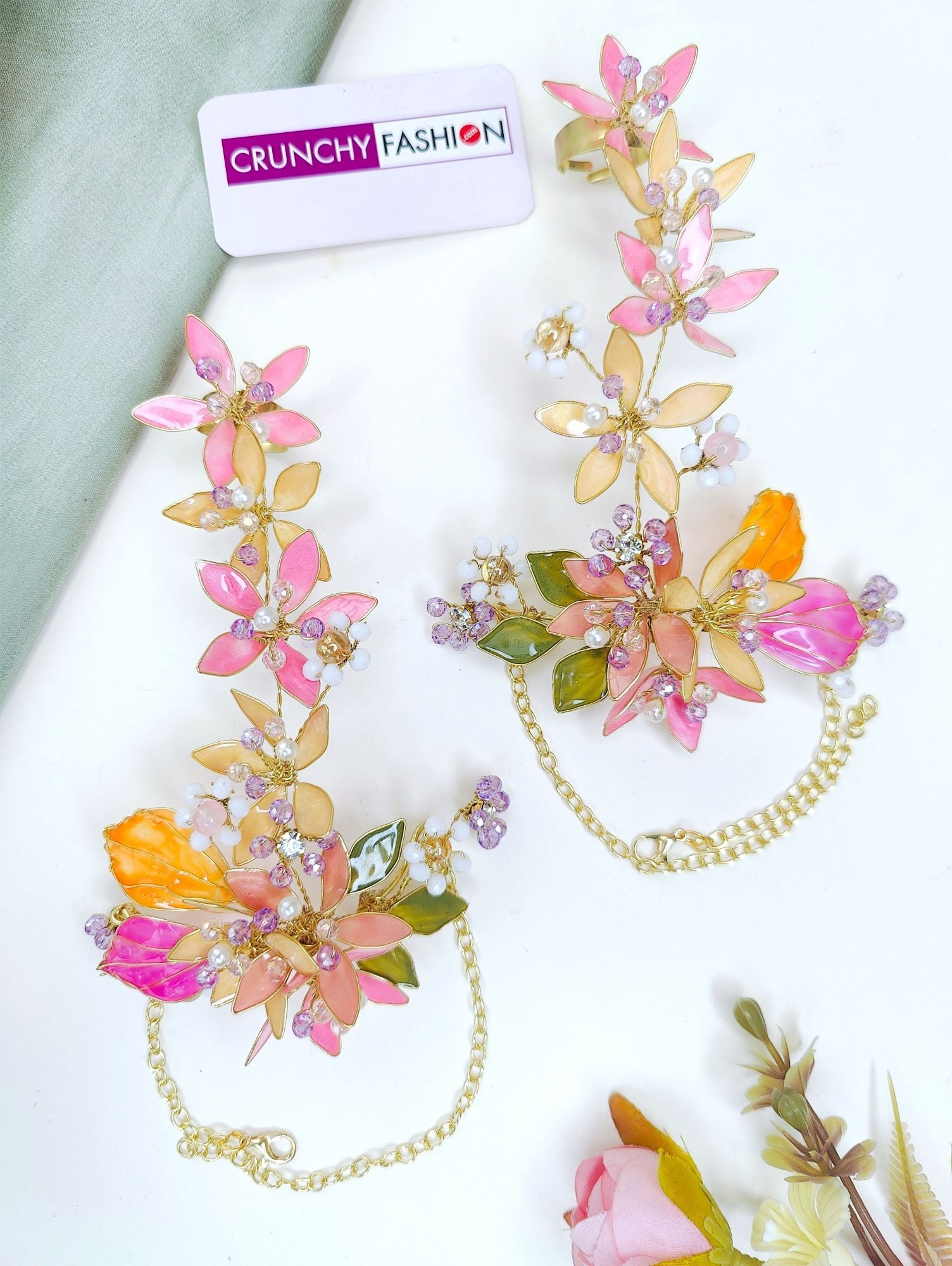Pink-Peach Floral Bridal Haldi Mehndi Jewellery Set