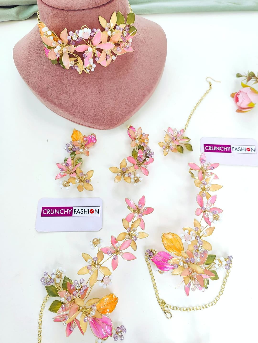 Pink-Peach Floral Bridal Haldi Mehndi Jewellery Set