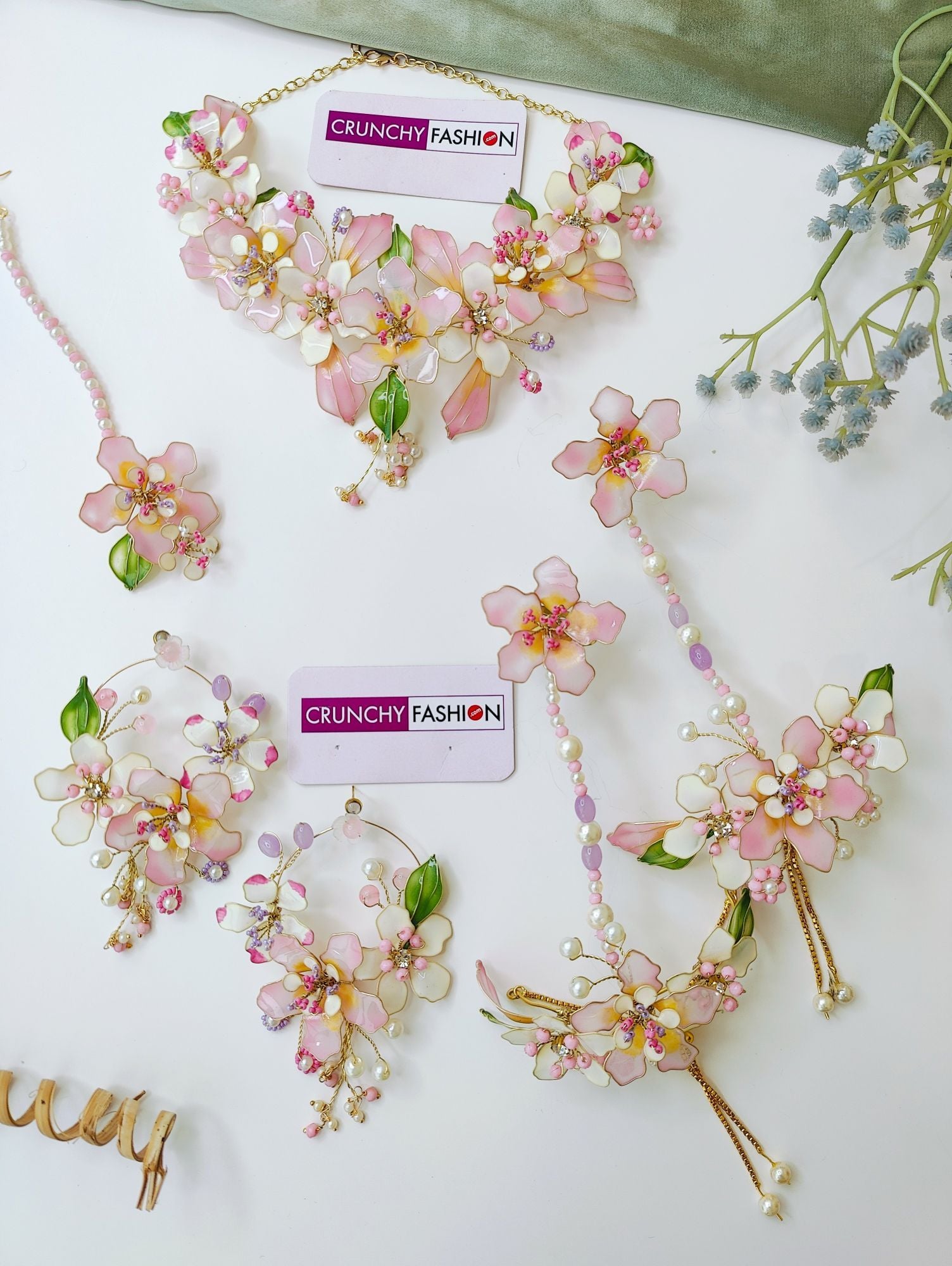 Pastel Pink Floral Haldi Resin Bridal Jewellery Set
