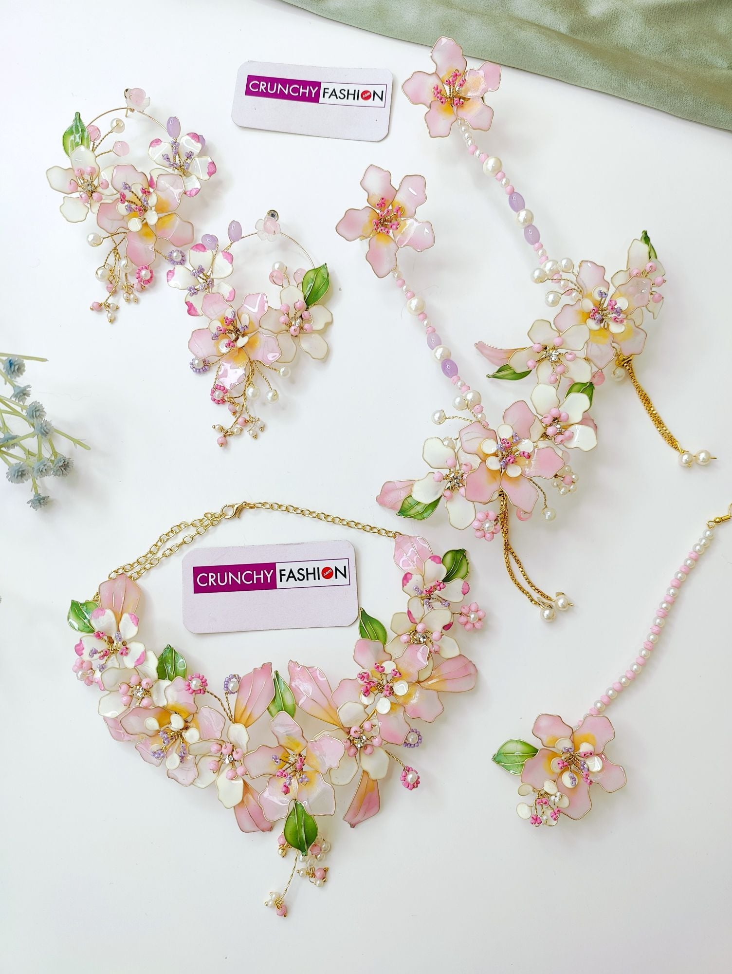 Pastel Pink Floral Haldi Resin Bridal Jewellery Set