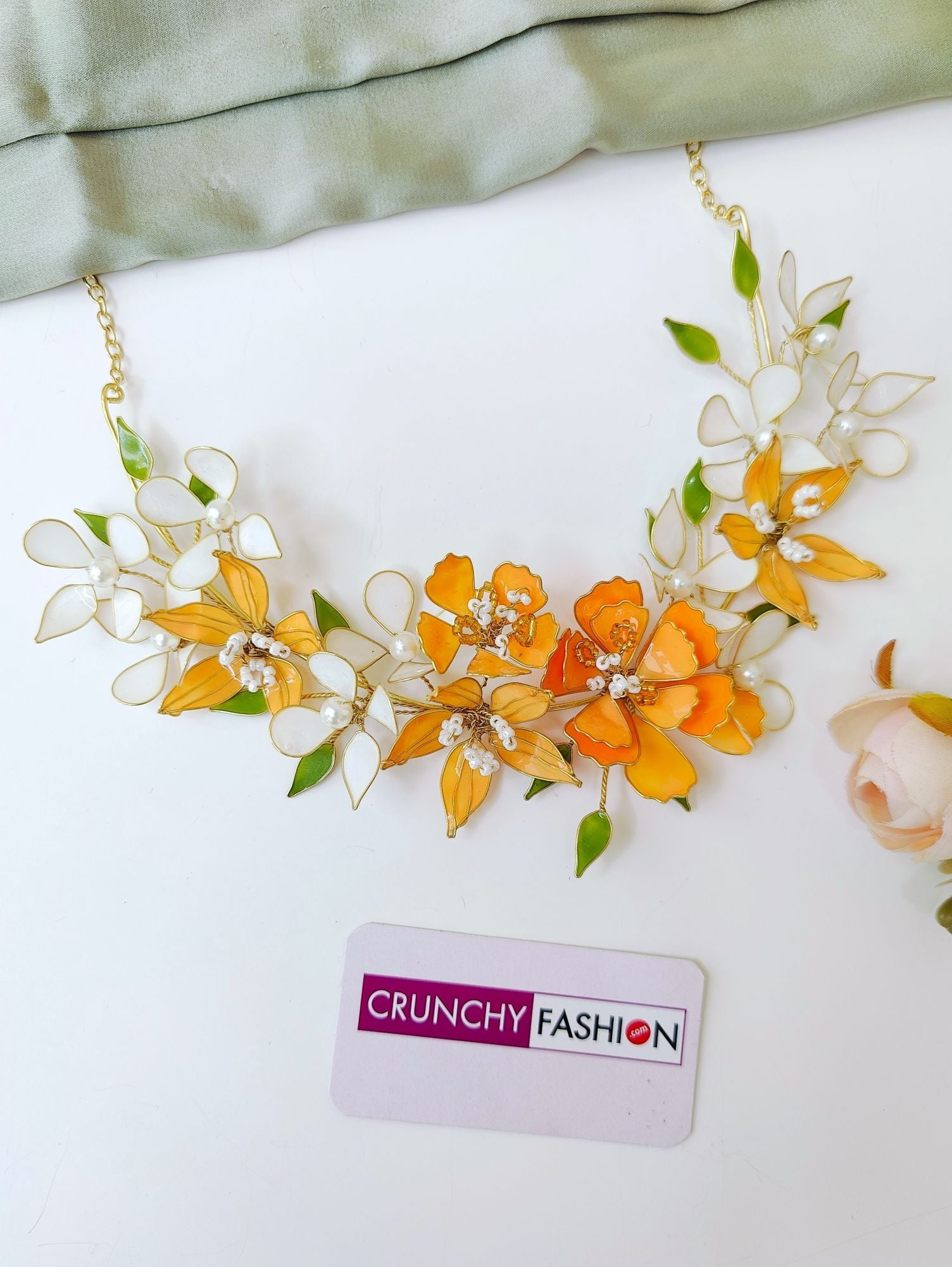 Orange-White Floral Necklace Earrings Set for Haldi Mehndi Brides