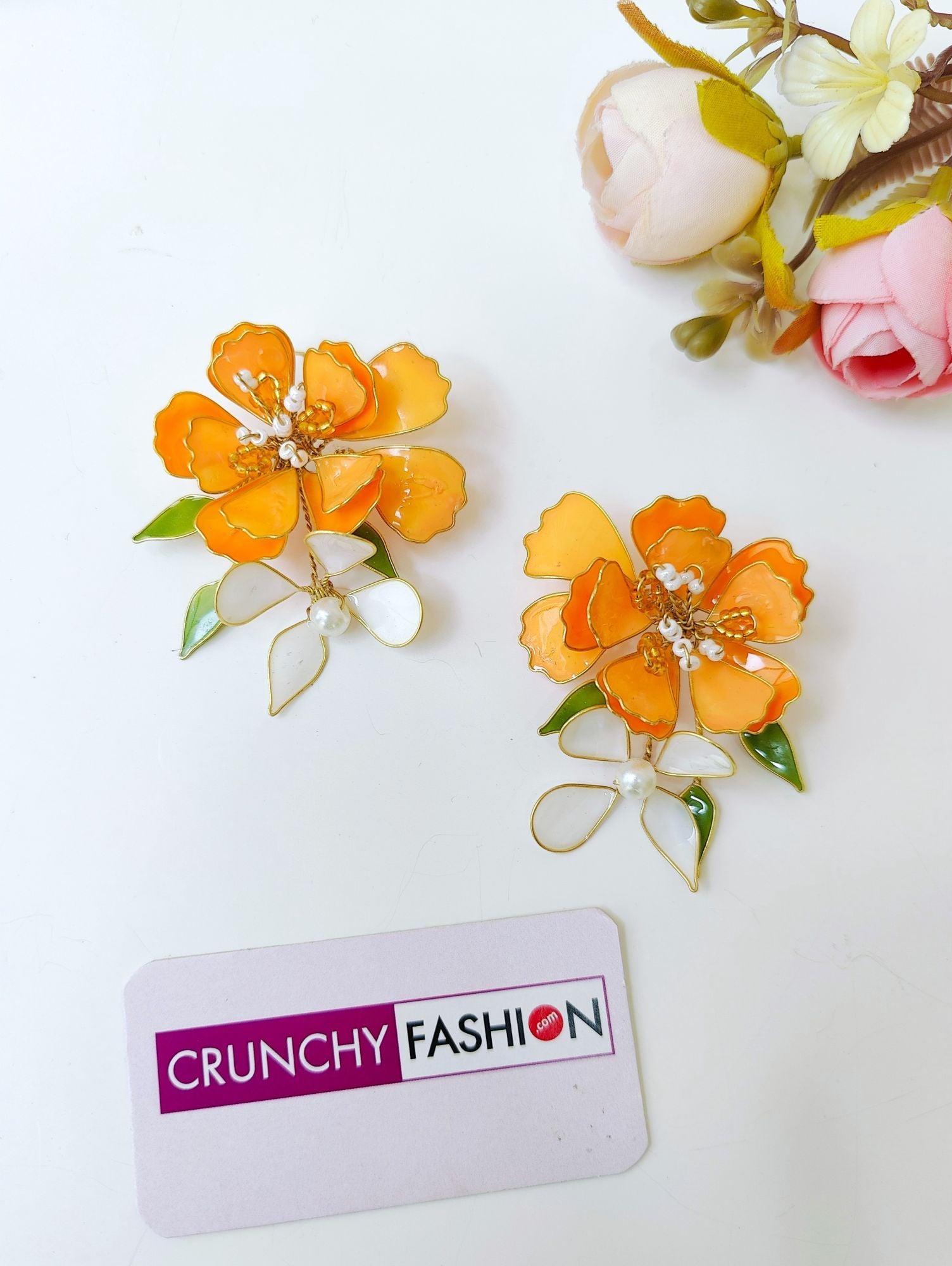 Orange-White Floral Necklace Earrings Set for Haldi Mehndi Brides
