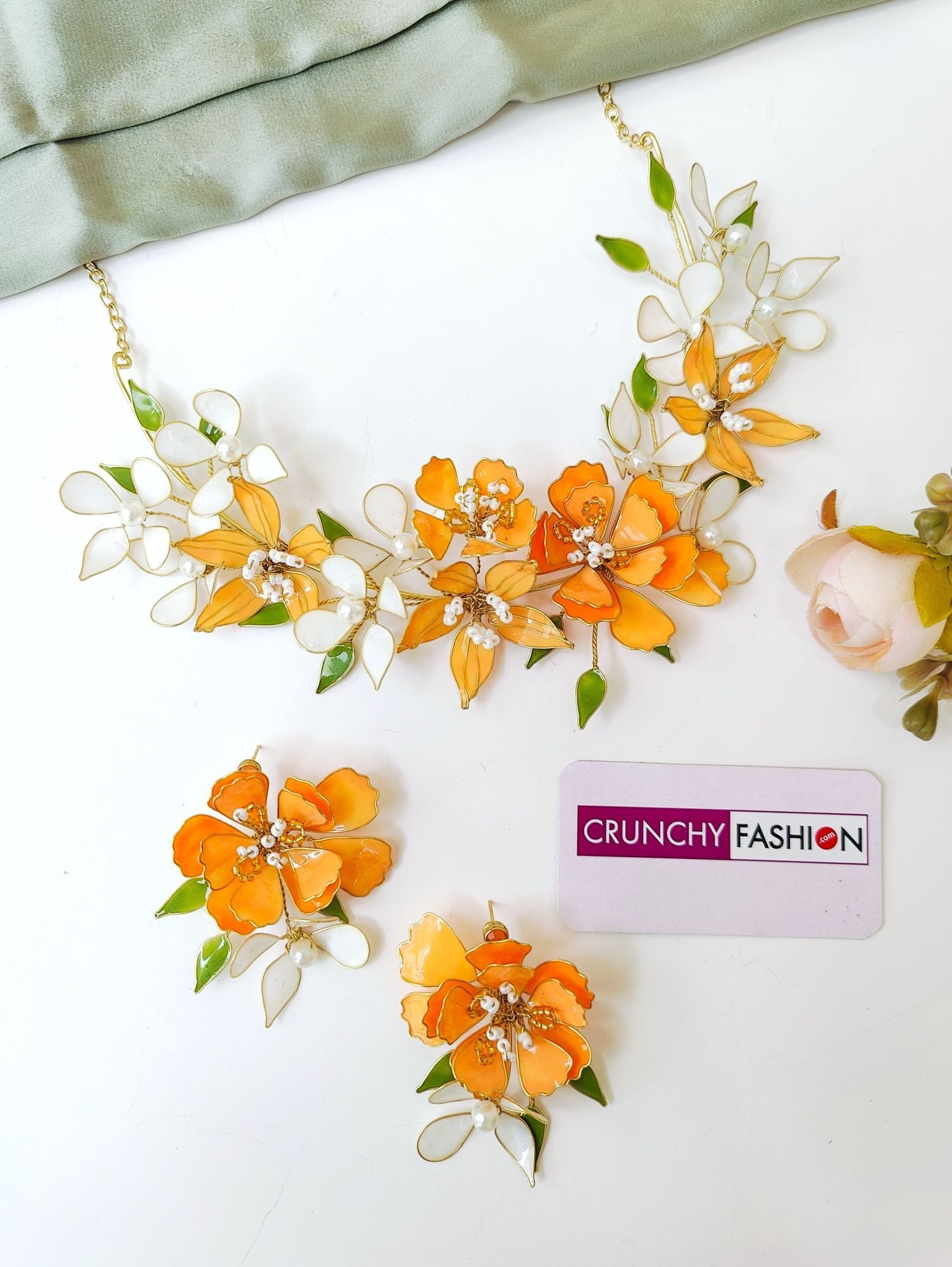 Orange-White Floral Necklace Earrings Set for Haldi Mehndi Brides