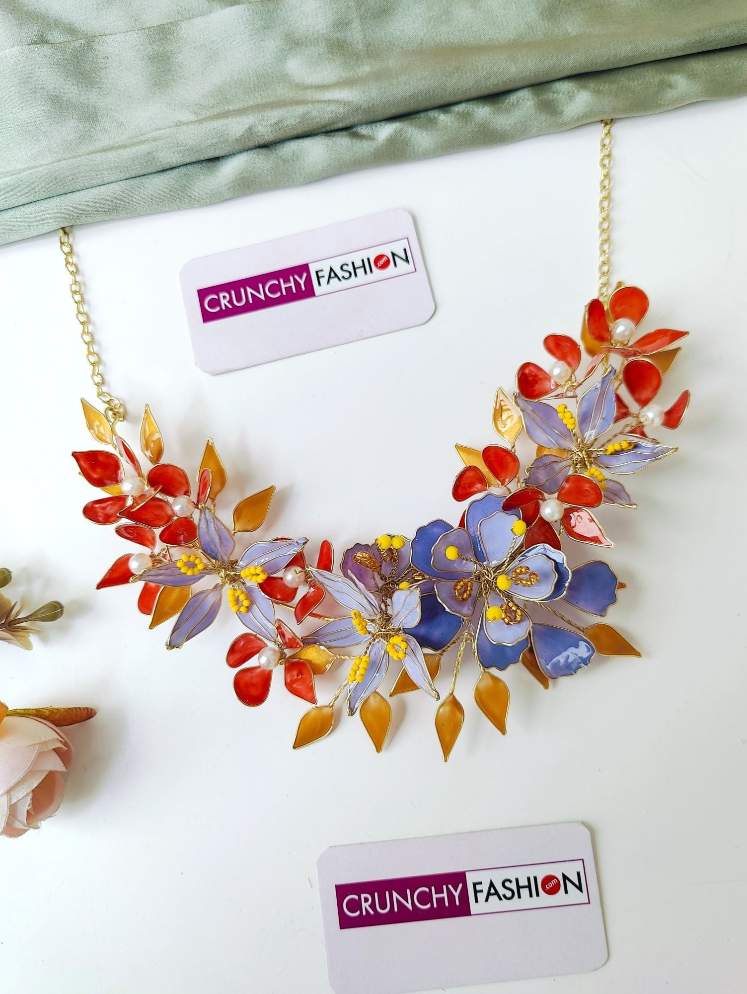Orange-Lavender Floral Necklace Earrings Set for Haldi Brides